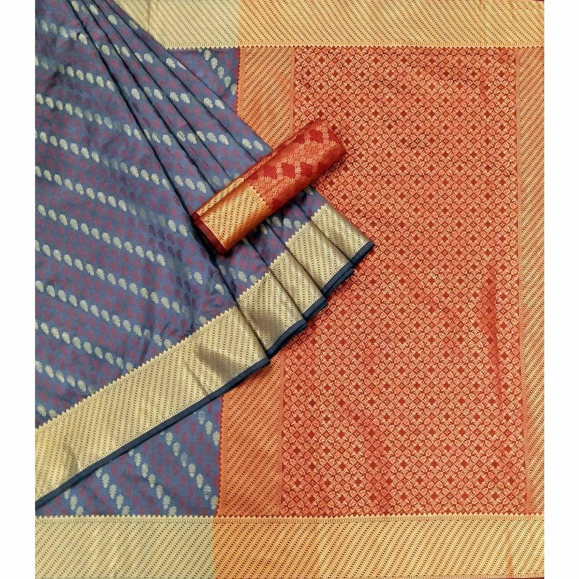 Grey Woven Art Silk Saree - Peachmode