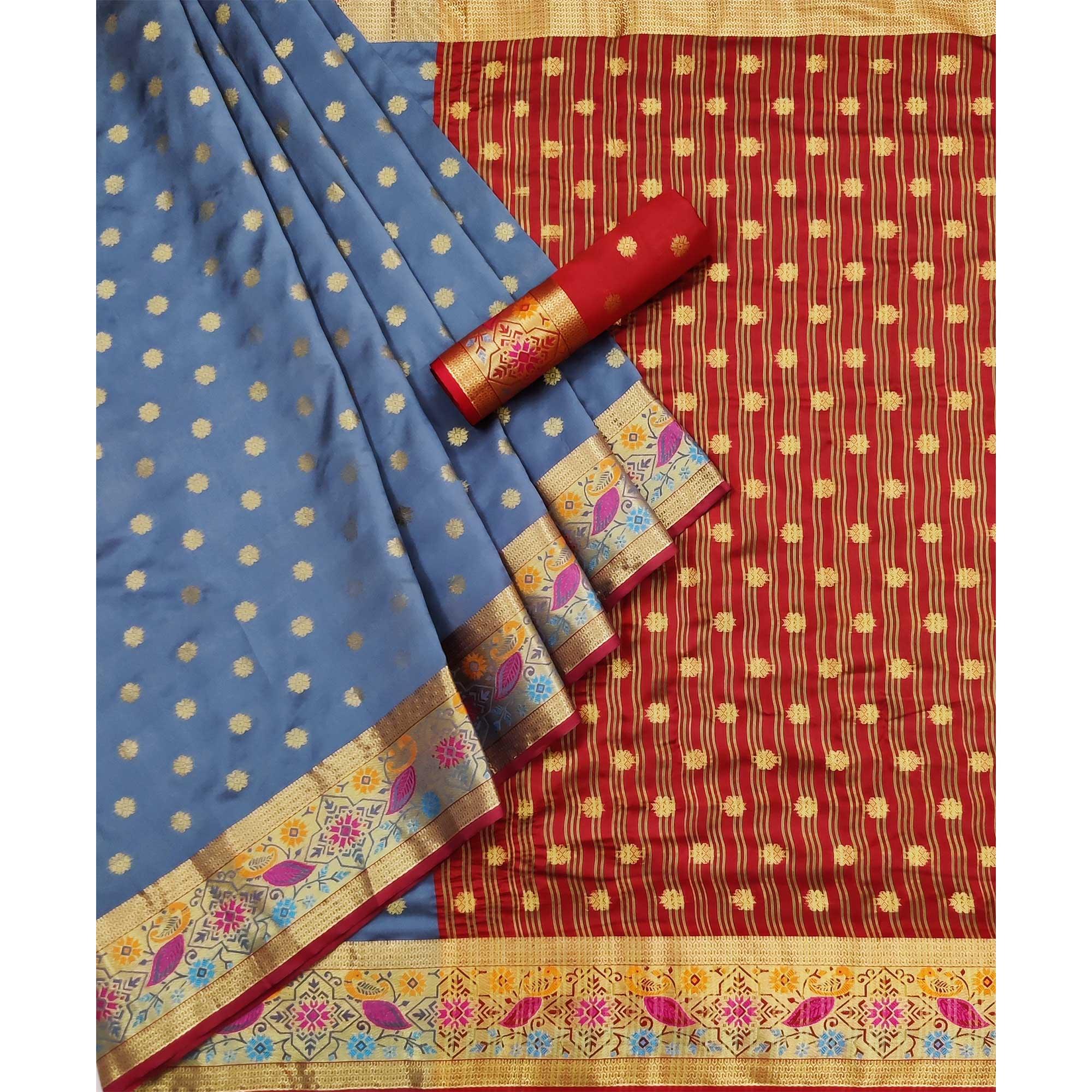 Grey Woven Art Silk Saree - Peachmode