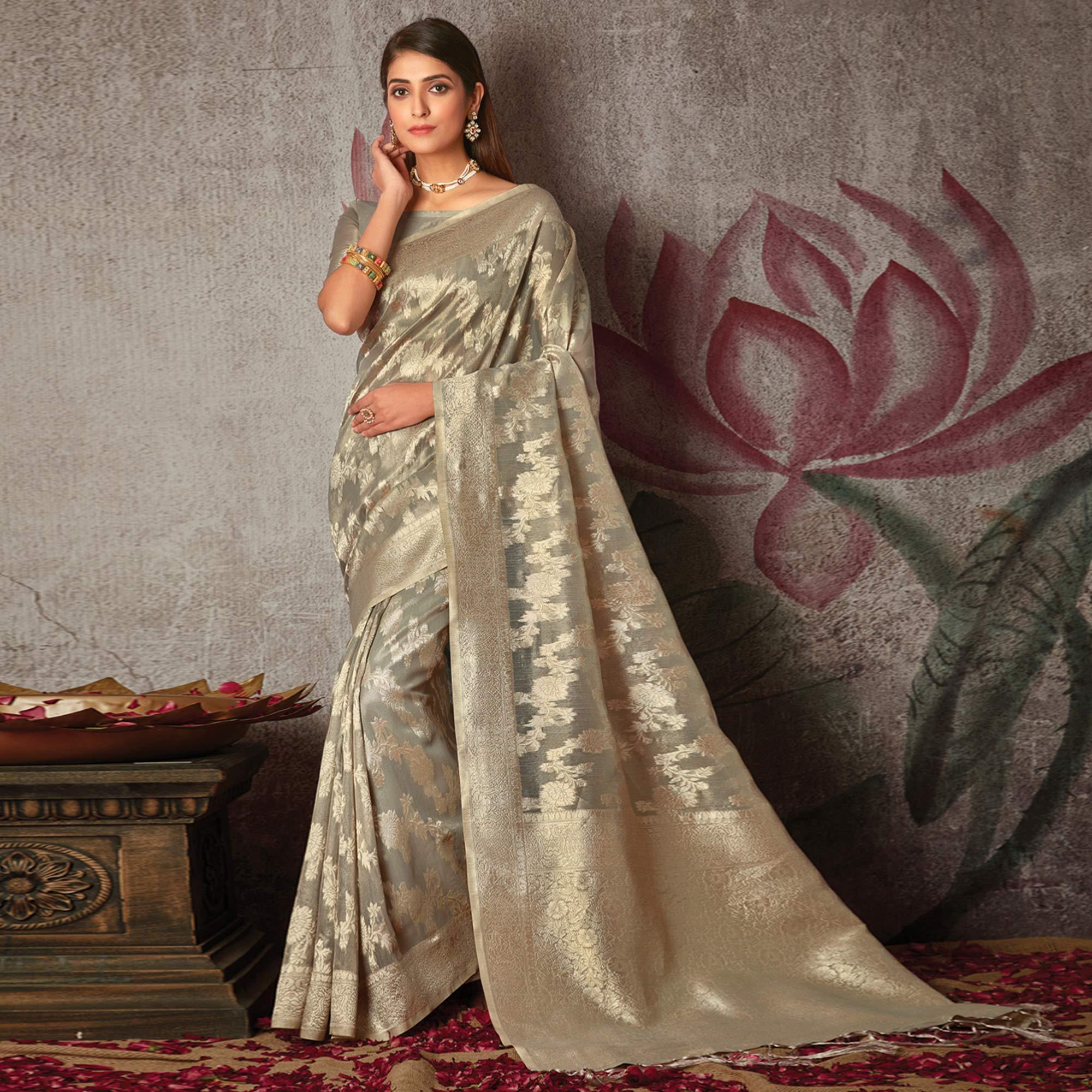 Grey Woven Art Silk Saree With Tassels - Peachmode