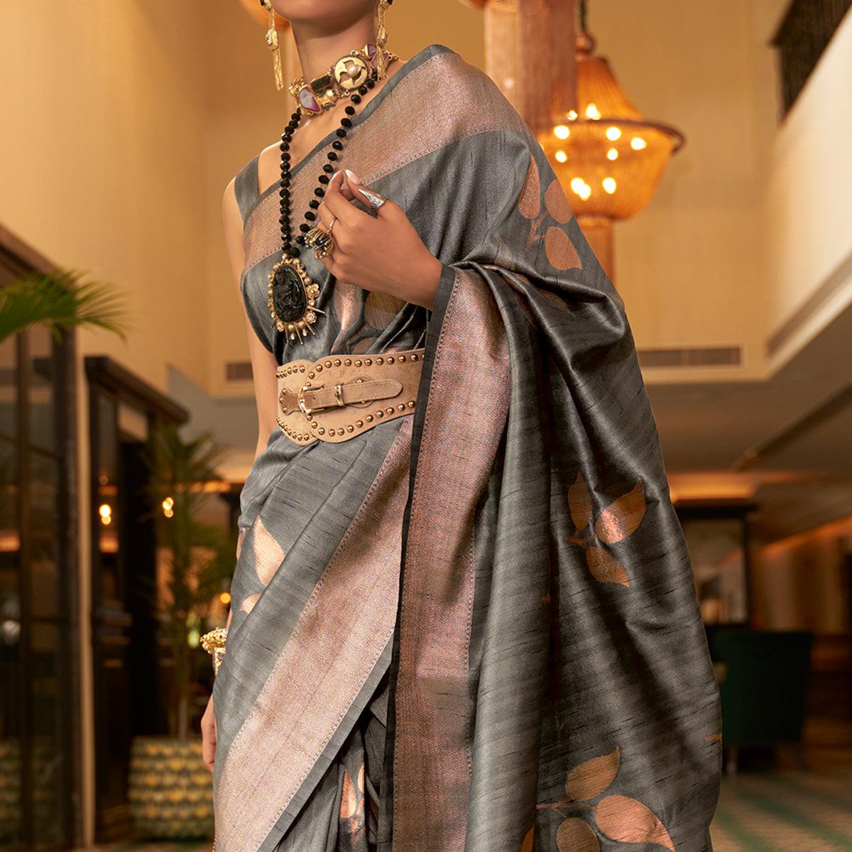 Grey Woven Art Silk Saree With Tassels - Peachmode