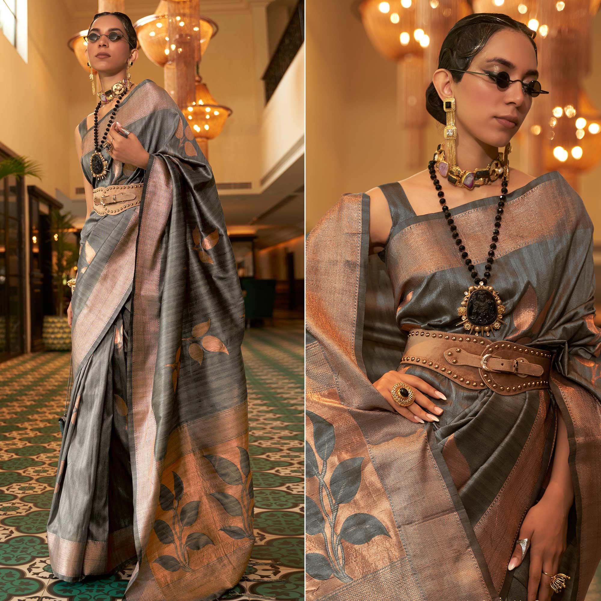 Grey Woven Art Silk Saree With Tassels - Peachmode