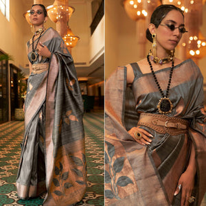 Grey Woven Art Silk Saree With Tassels - Peachmode