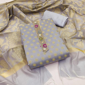 Grey Woven Banarasi Silk Dress Material - Peachmode