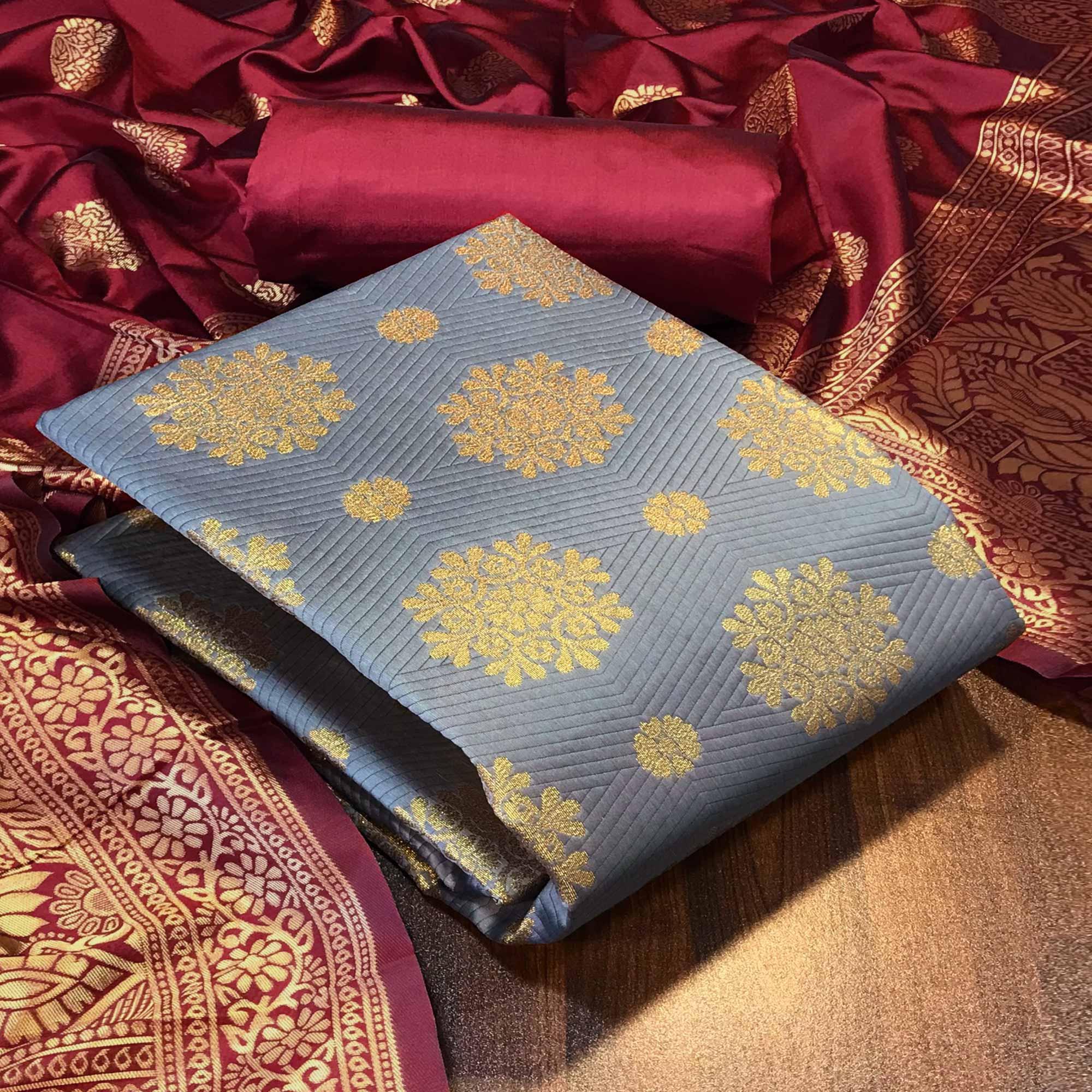 Grey Woven Banarasi Silk Dress Material - Peachmode