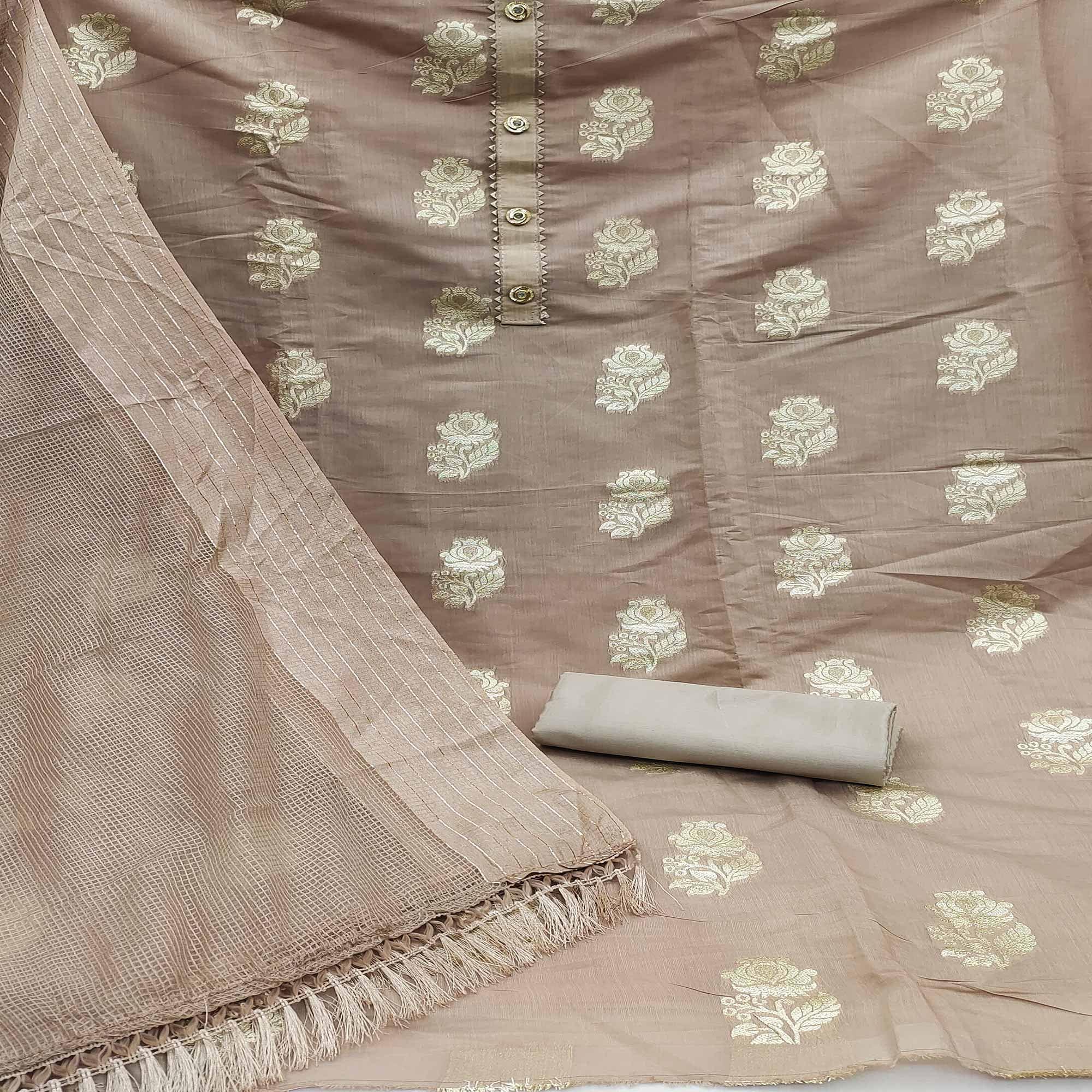 Grey Woven Banarasi Silk Dress Material - Peachmode