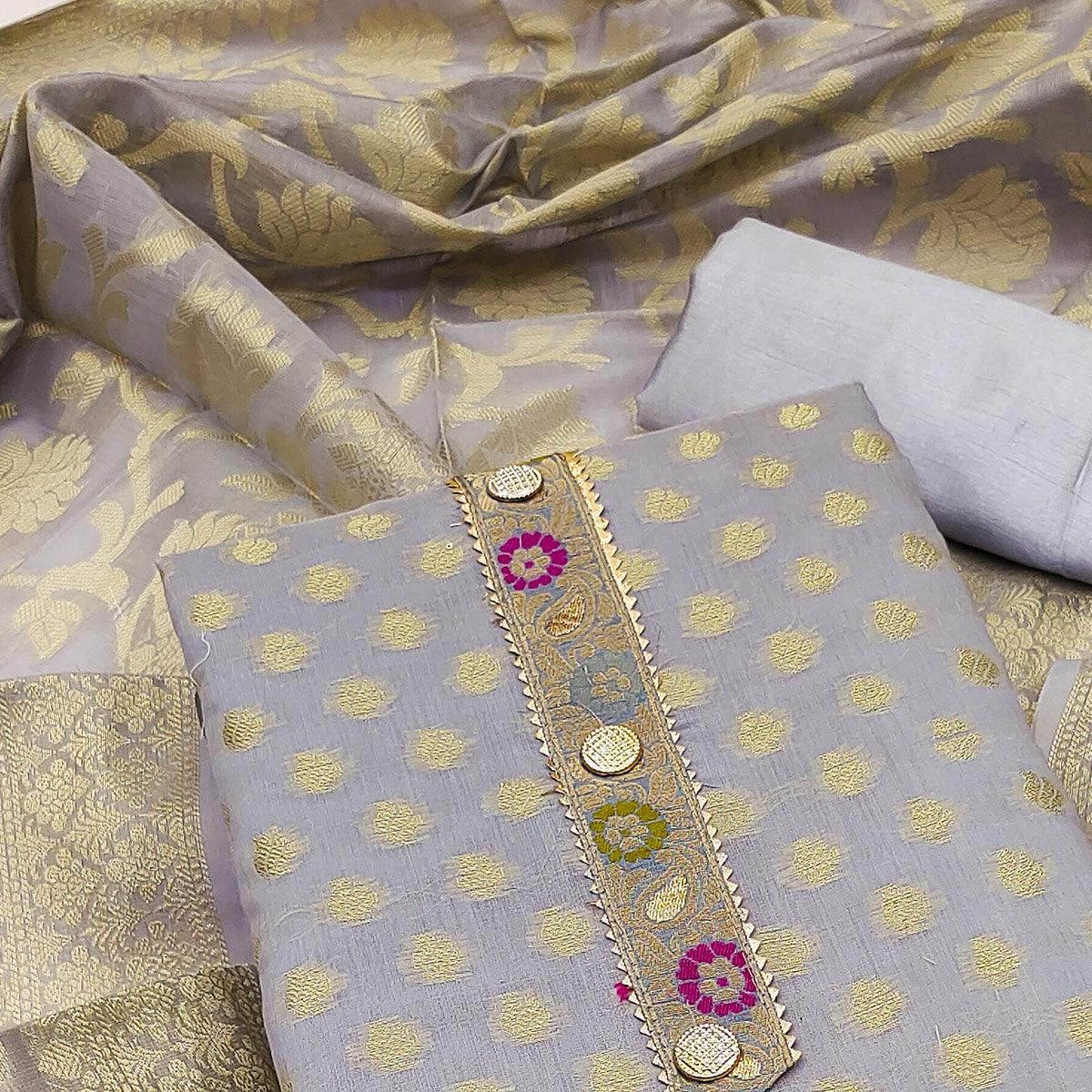 Grey Woven Banarasi Silk Dress Material - Peachmode
