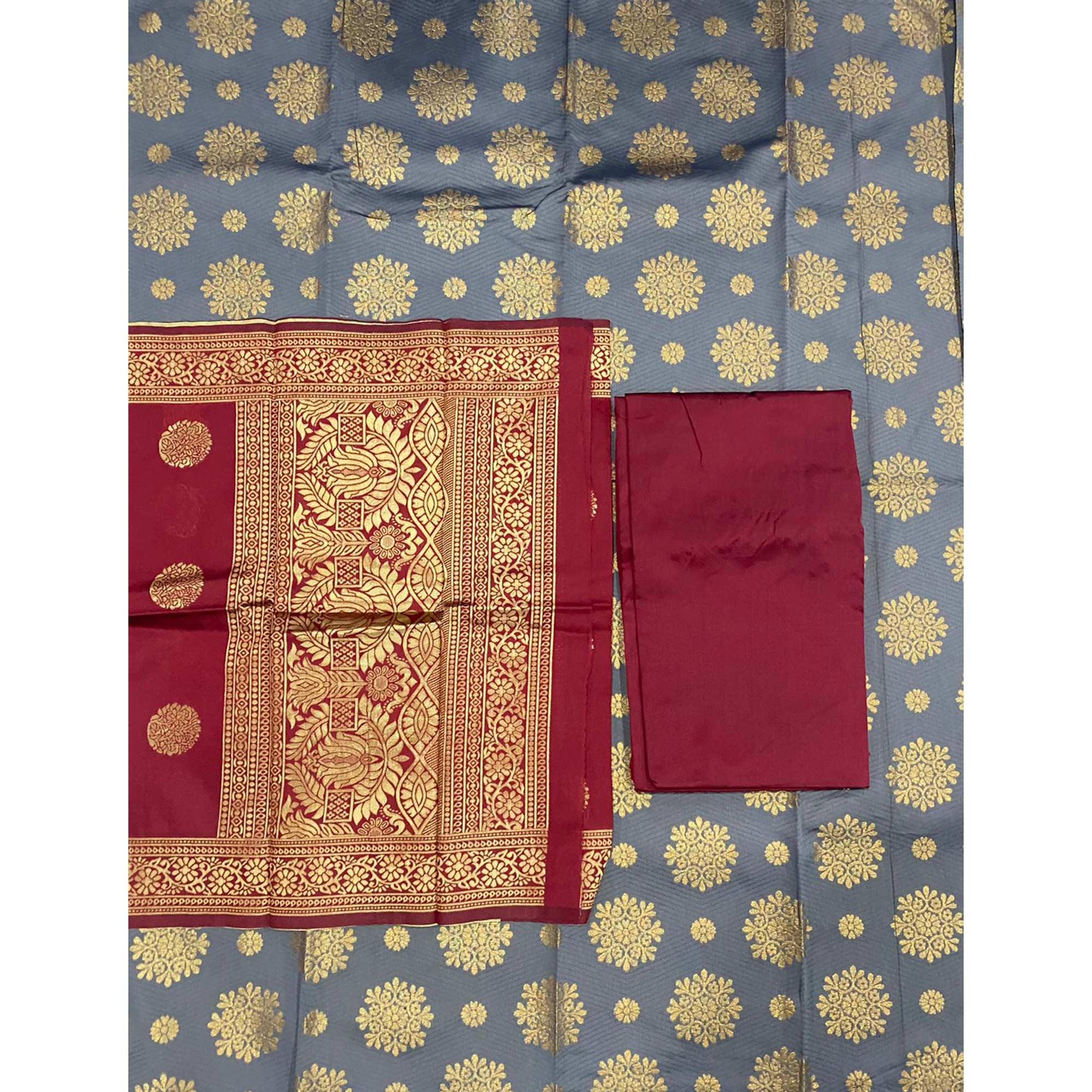 Grey Woven Banarasi Silk Dress Material - Peachmode