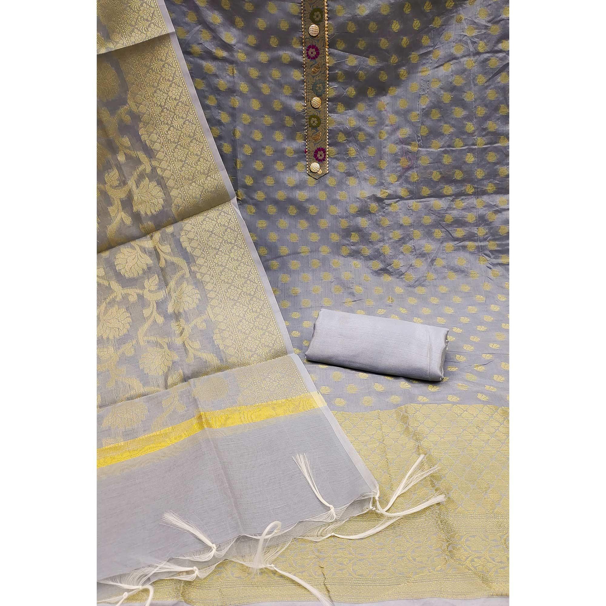 Grey Woven Banarasi Silk Dress Material - Peachmode