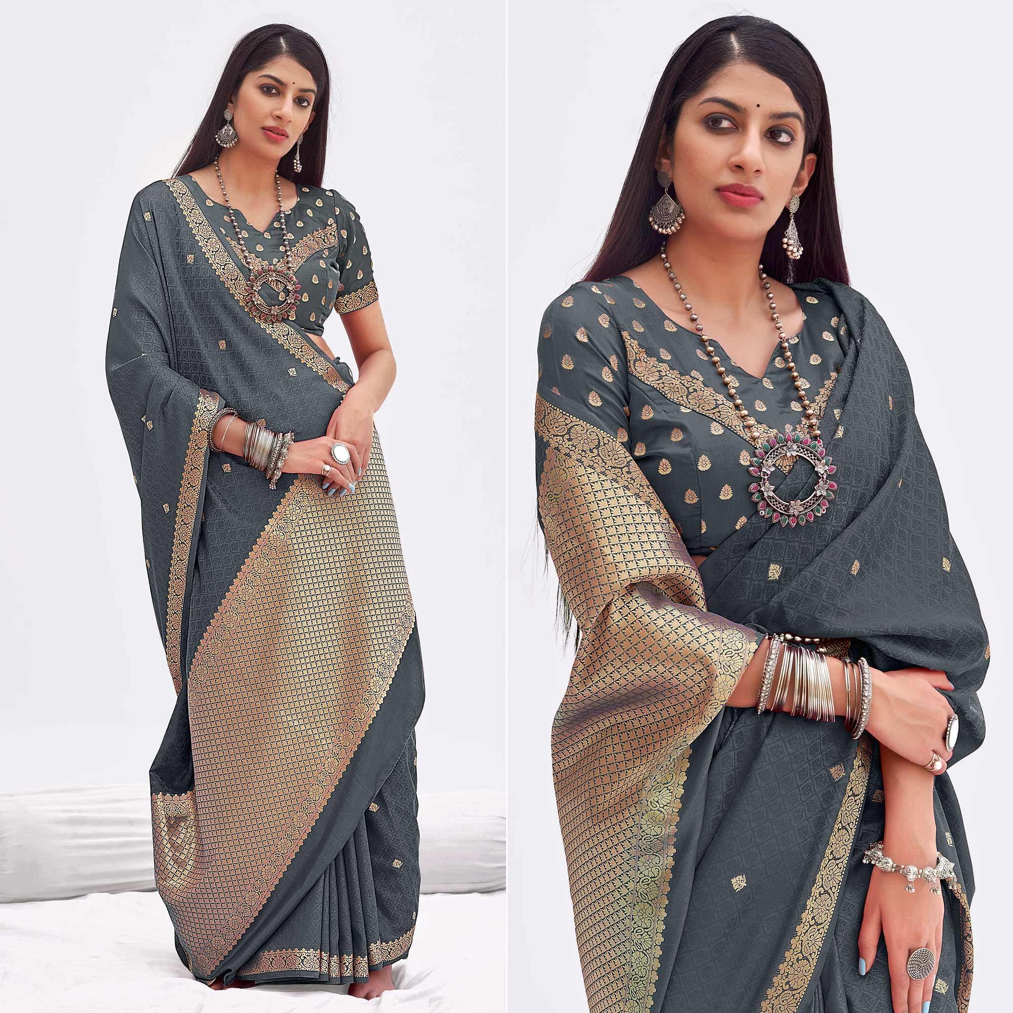 Grey Woven Banarasi Silk Saree - Peachmode