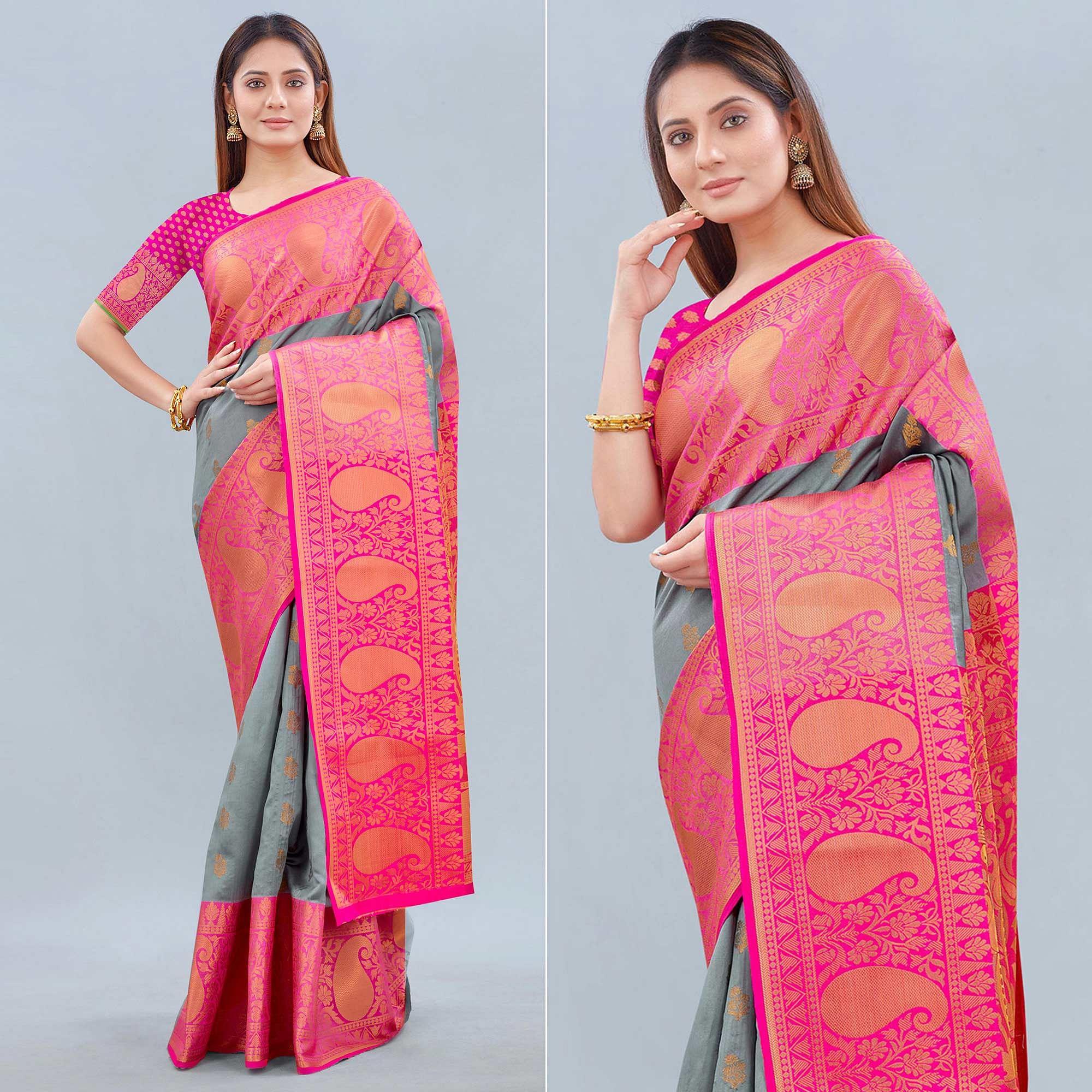 Grey Woven Banarasi Silk Saree - Peachmode