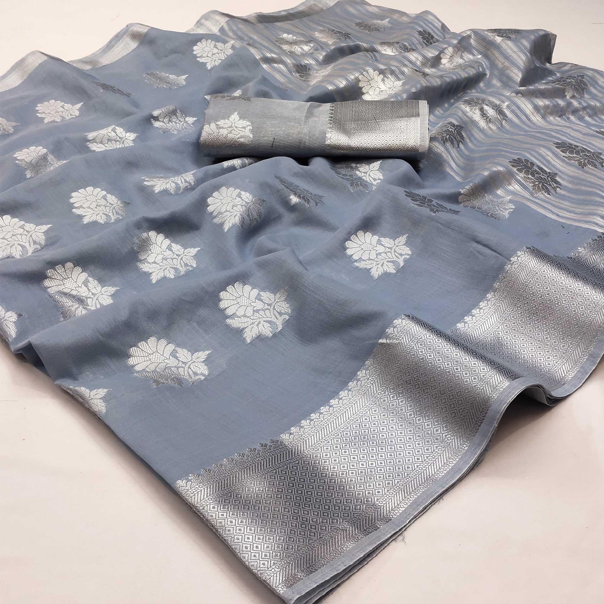 Grey Woven Banarasi Silk Saree - Peachmode