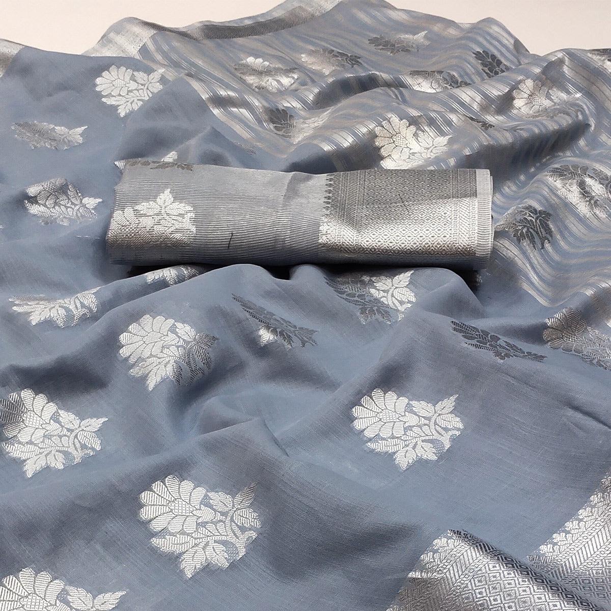 Grey Woven Banarasi Silk Saree - Peachmode