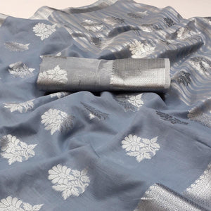 Grey Woven Banarasi Silk Saree - Peachmode