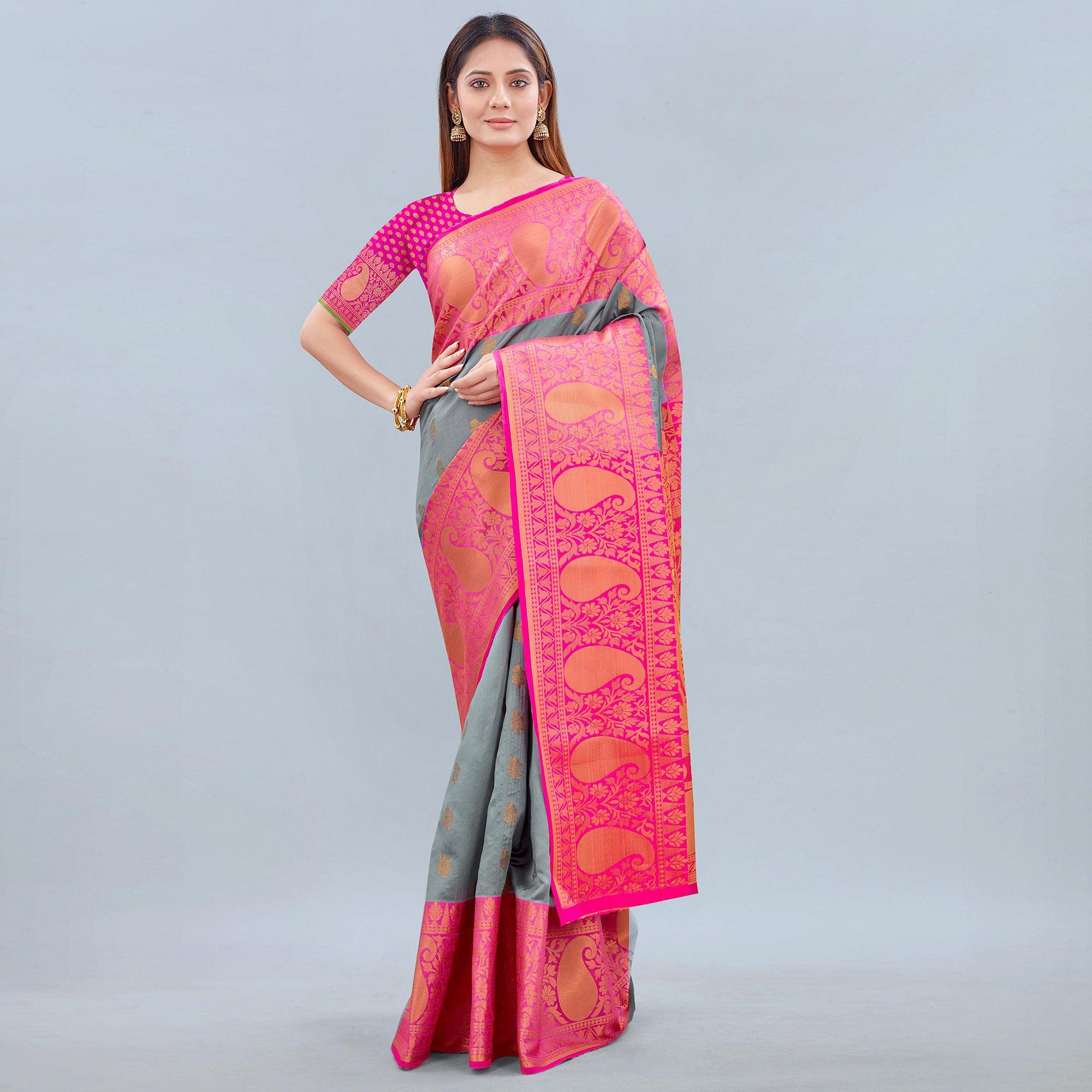 Grey Woven Banarasi Silk Saree - Peachmode