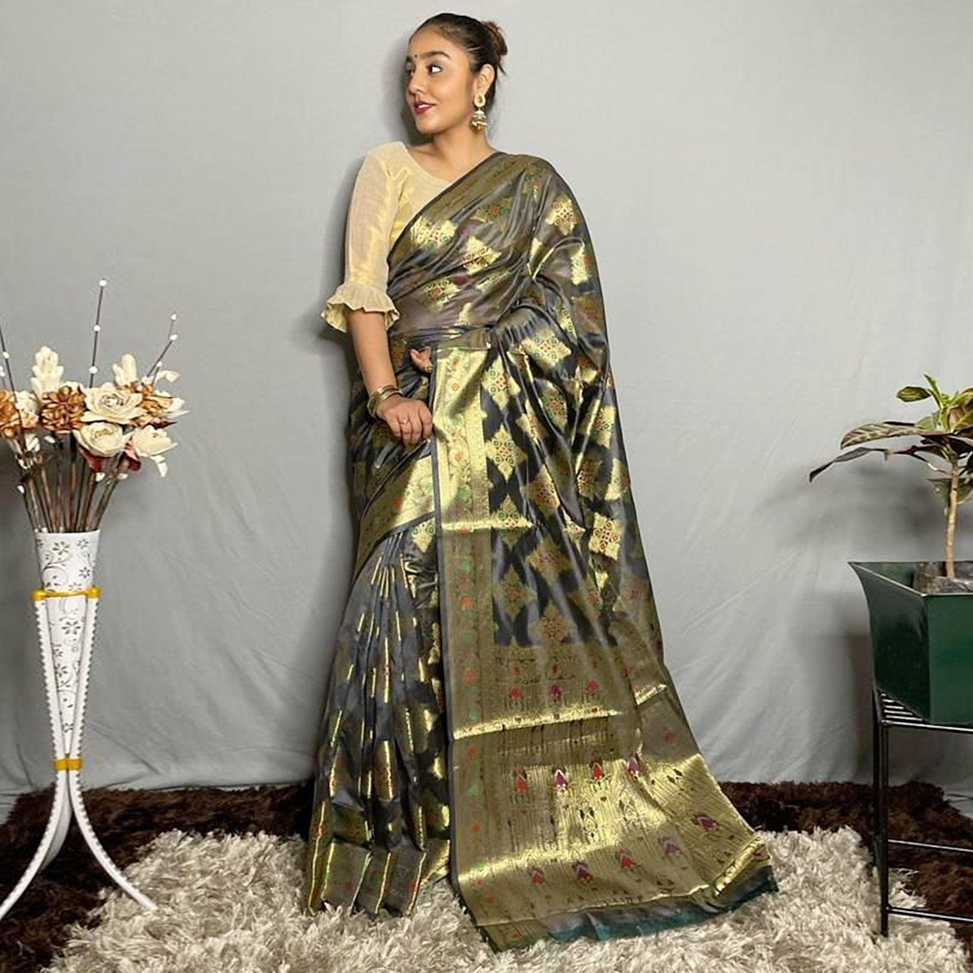 Grey Woven Banarasi Silk Saree - Peachmode