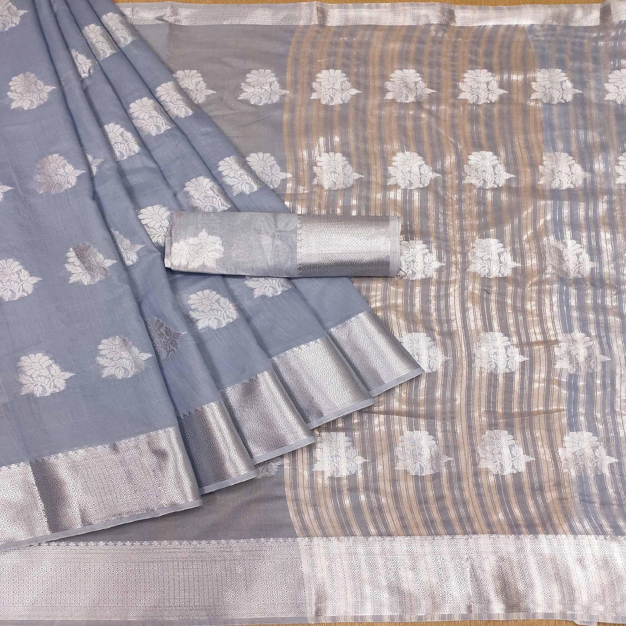 Grey Woven Banarasi Silk Saree - Peachmode