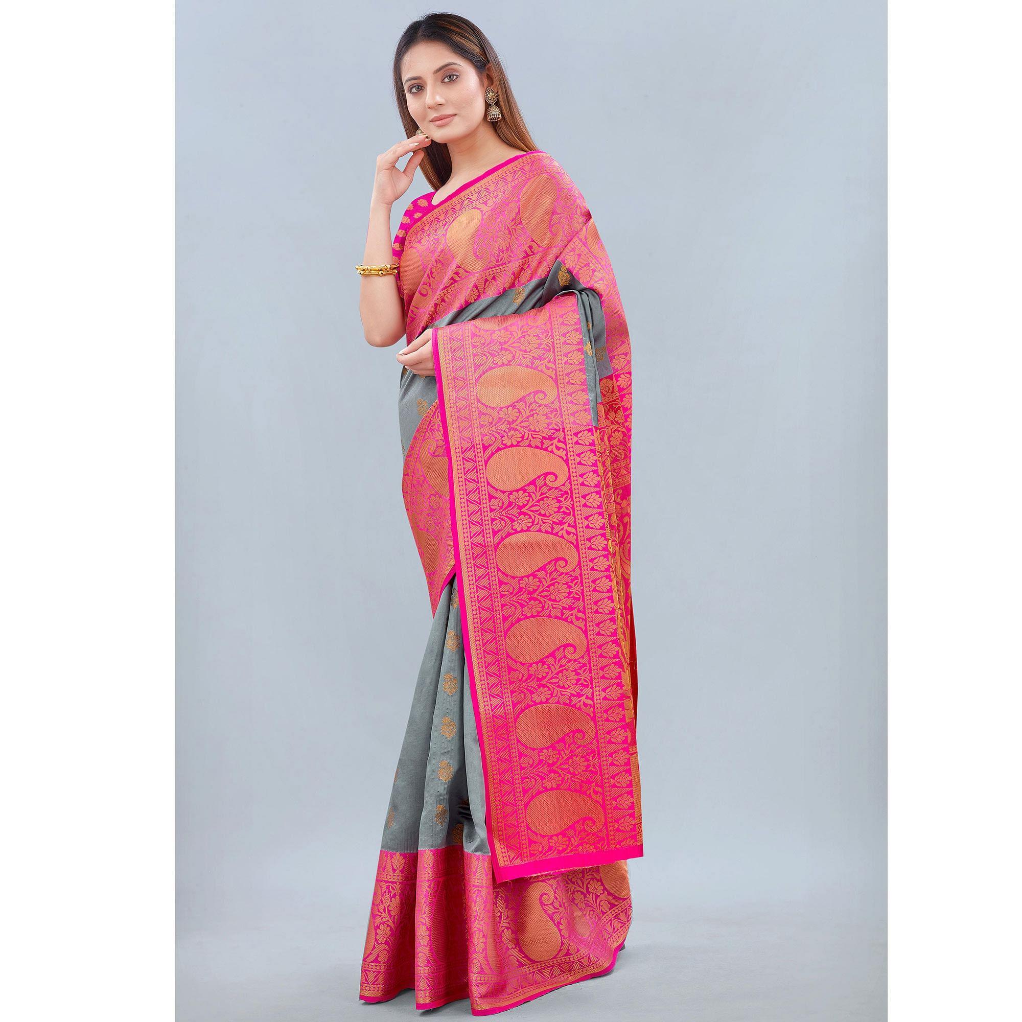 Grey Woven Banarasi Silk Saree - Peachmode