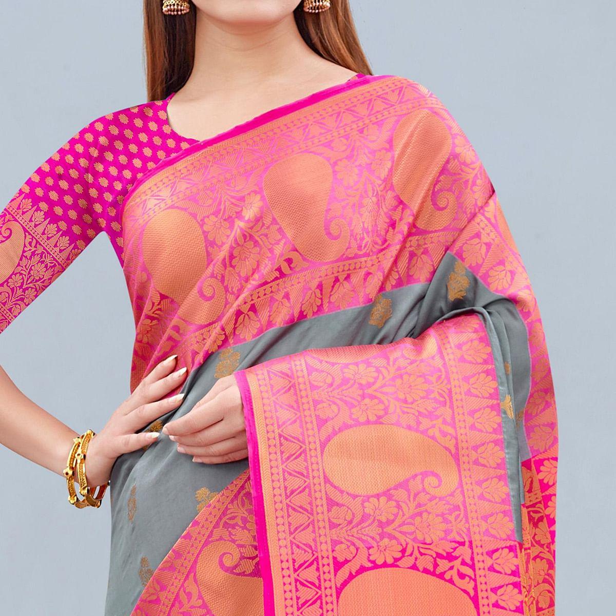 Grey Woven Banarasi Silk Saree - Peachmode