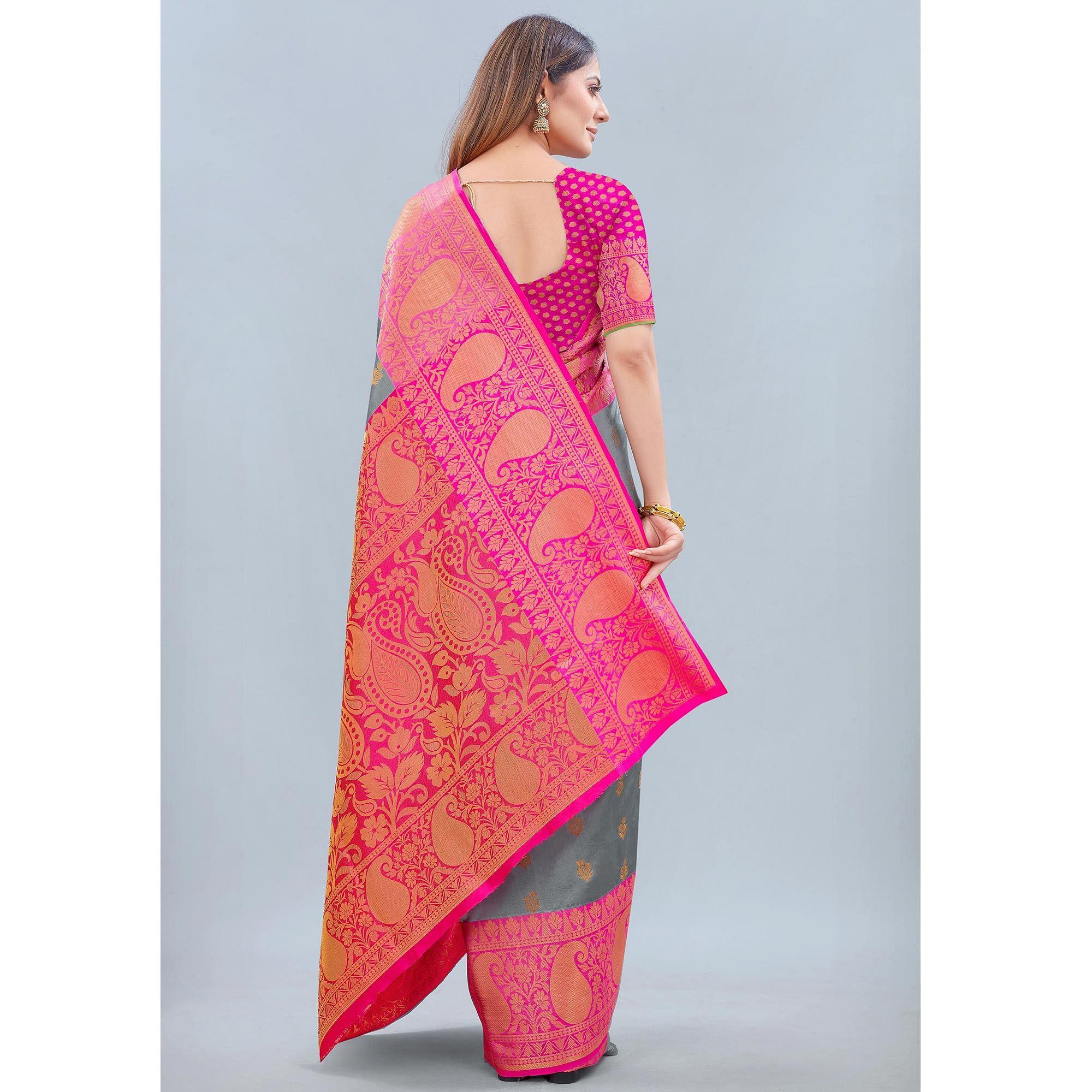 Grey Woven Banarasi Silk Saree - Peachmode