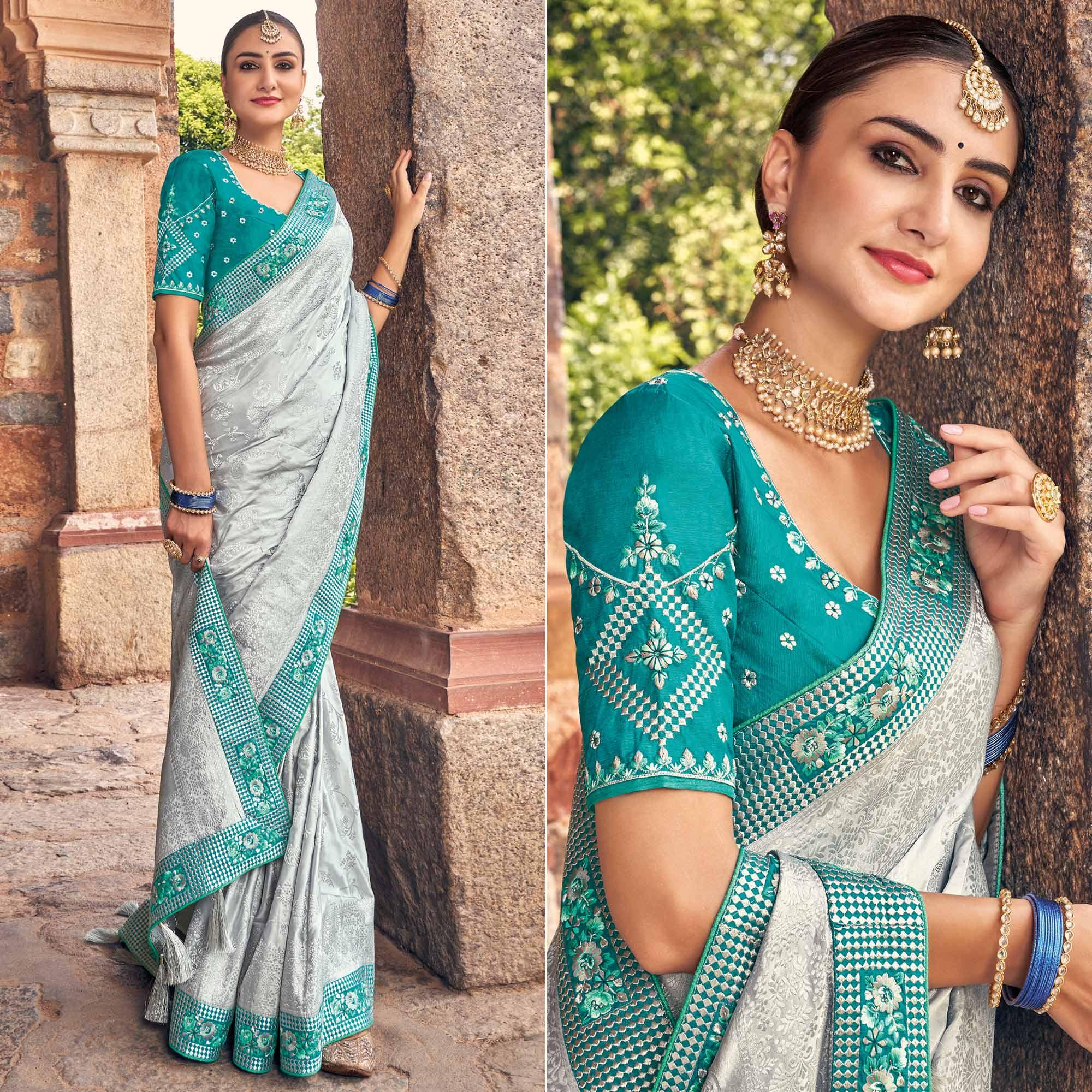 Grey Woven Banarasi Silk Saree With Tassels - Peachmode