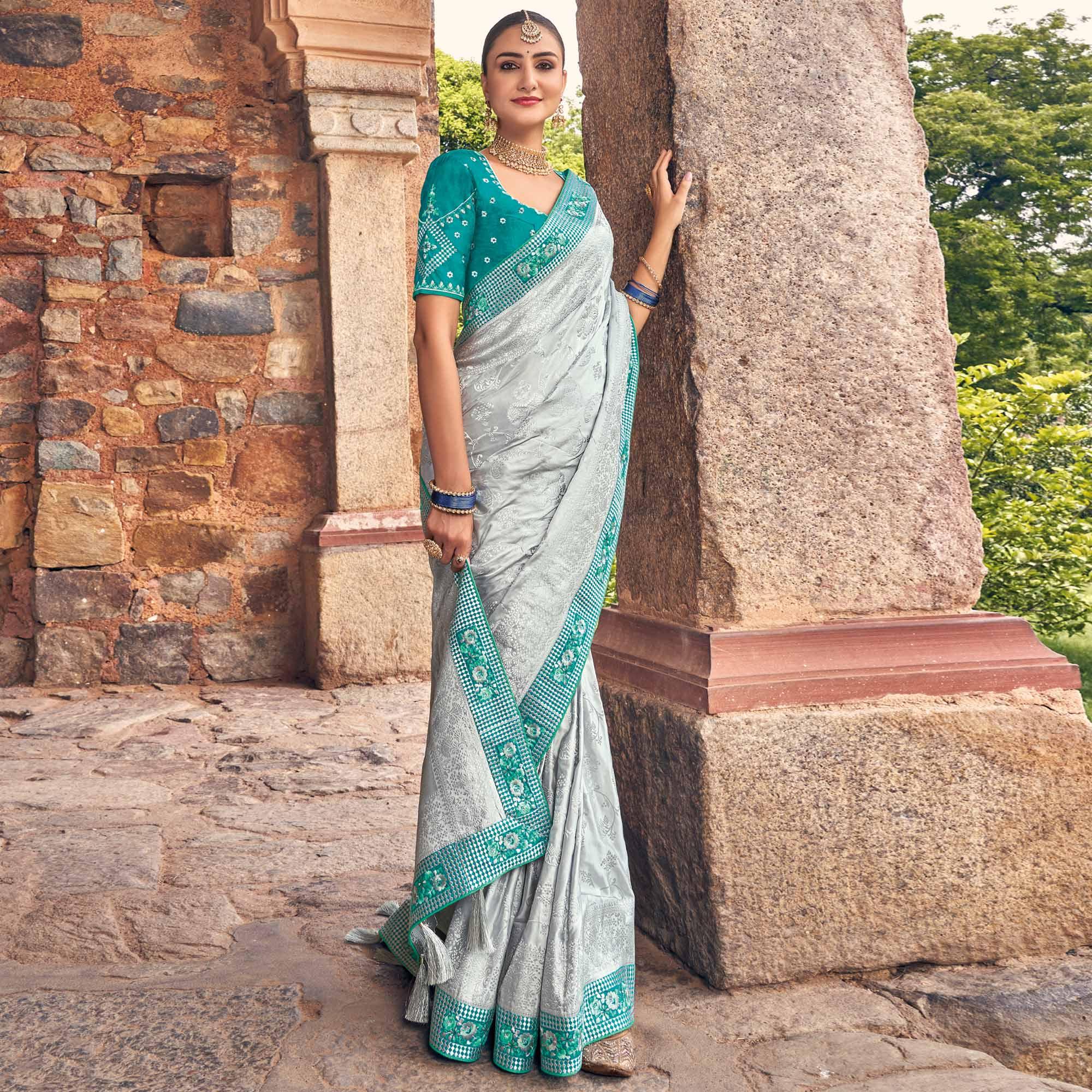 Grey Woven Banarasi Silk Saree With Tassels - Peachmode