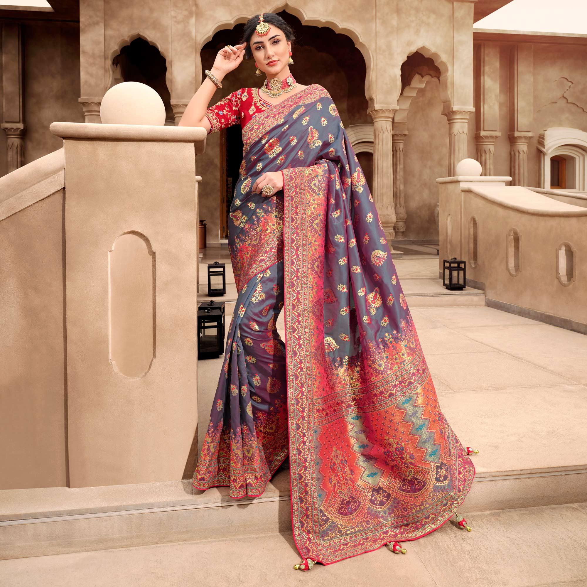 Grey Woven Banarasi Silk Saree With Tassels - Peachmode