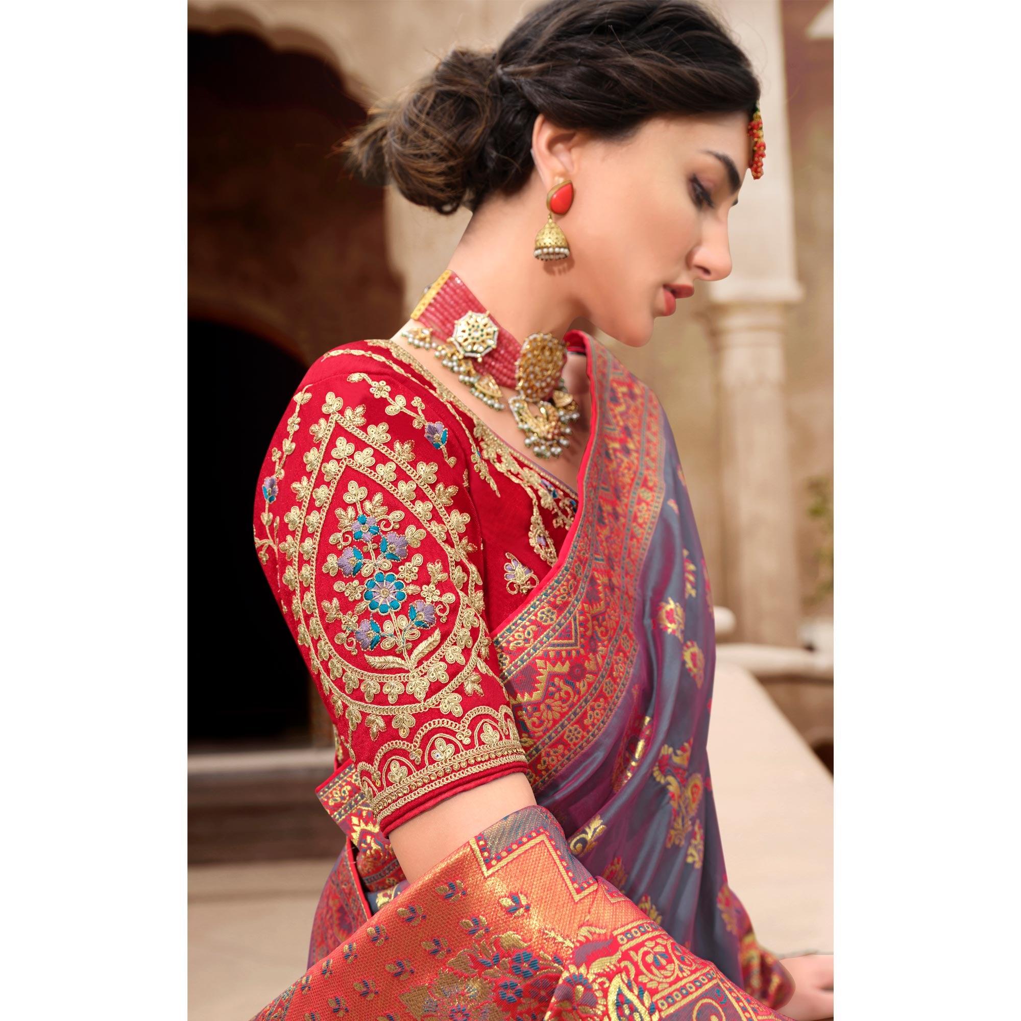 Grey Woven Banarasi Silk Saree With Tassels - Peachmode