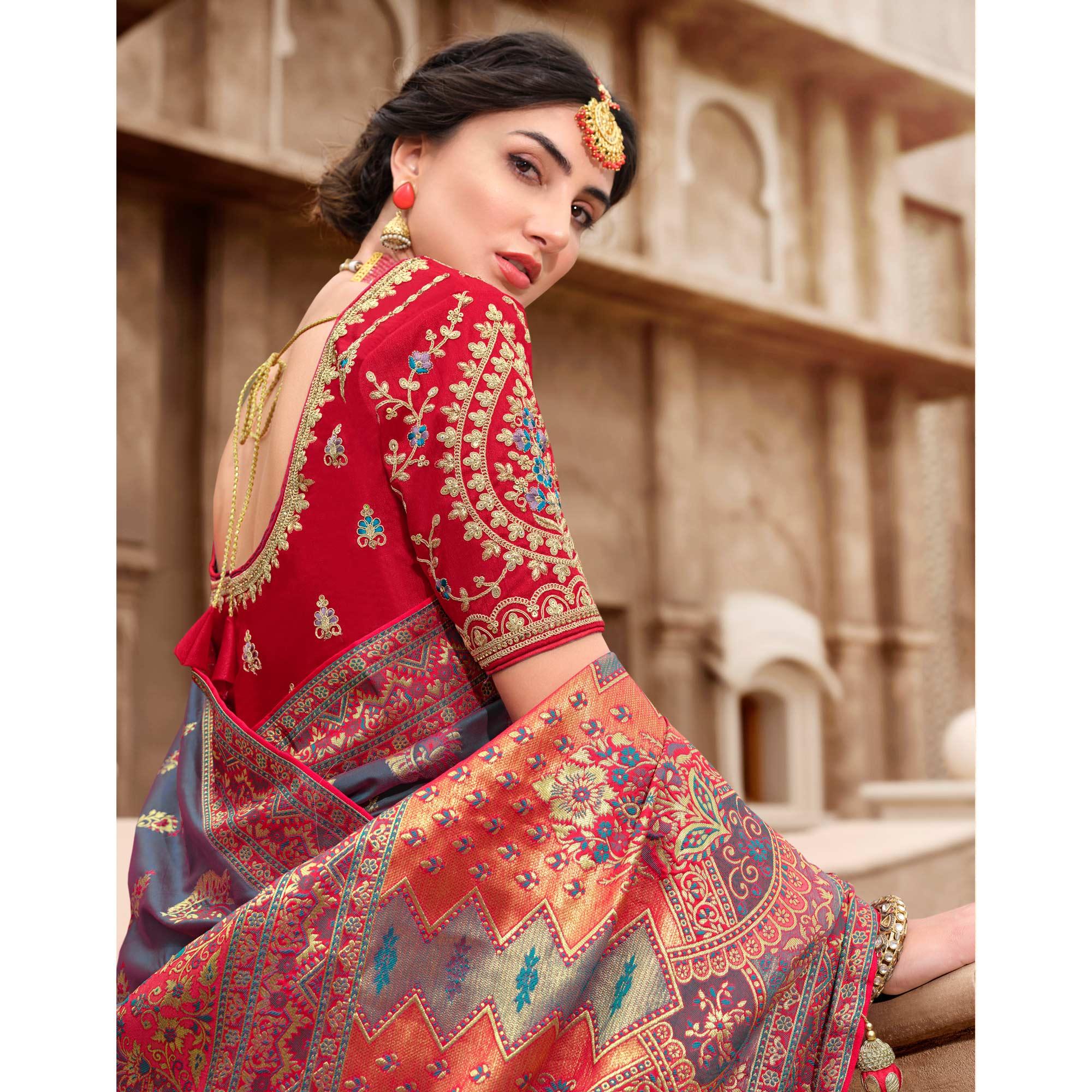 Grey Woven Banarasi Silk Saree With Tassels - Peachmode