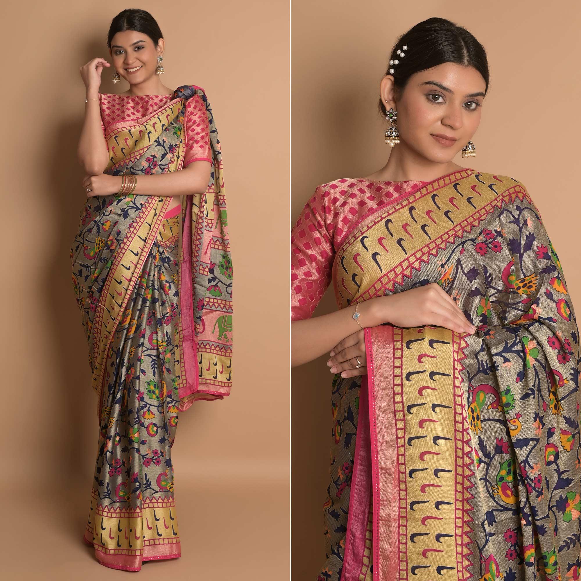 Grey Woven Brasso Saree - Peachmode