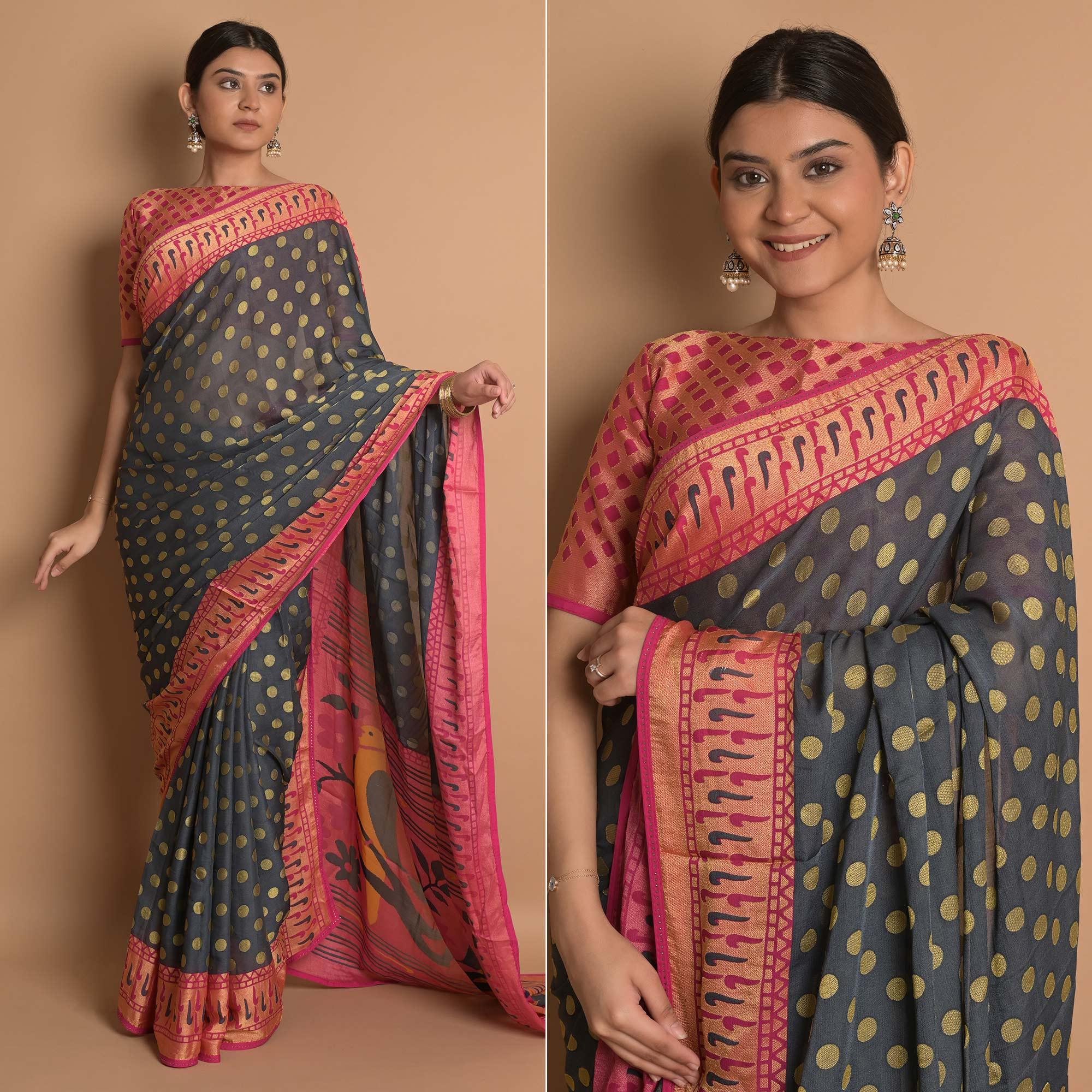 Grey Woven Brasso Saree - Peachmode