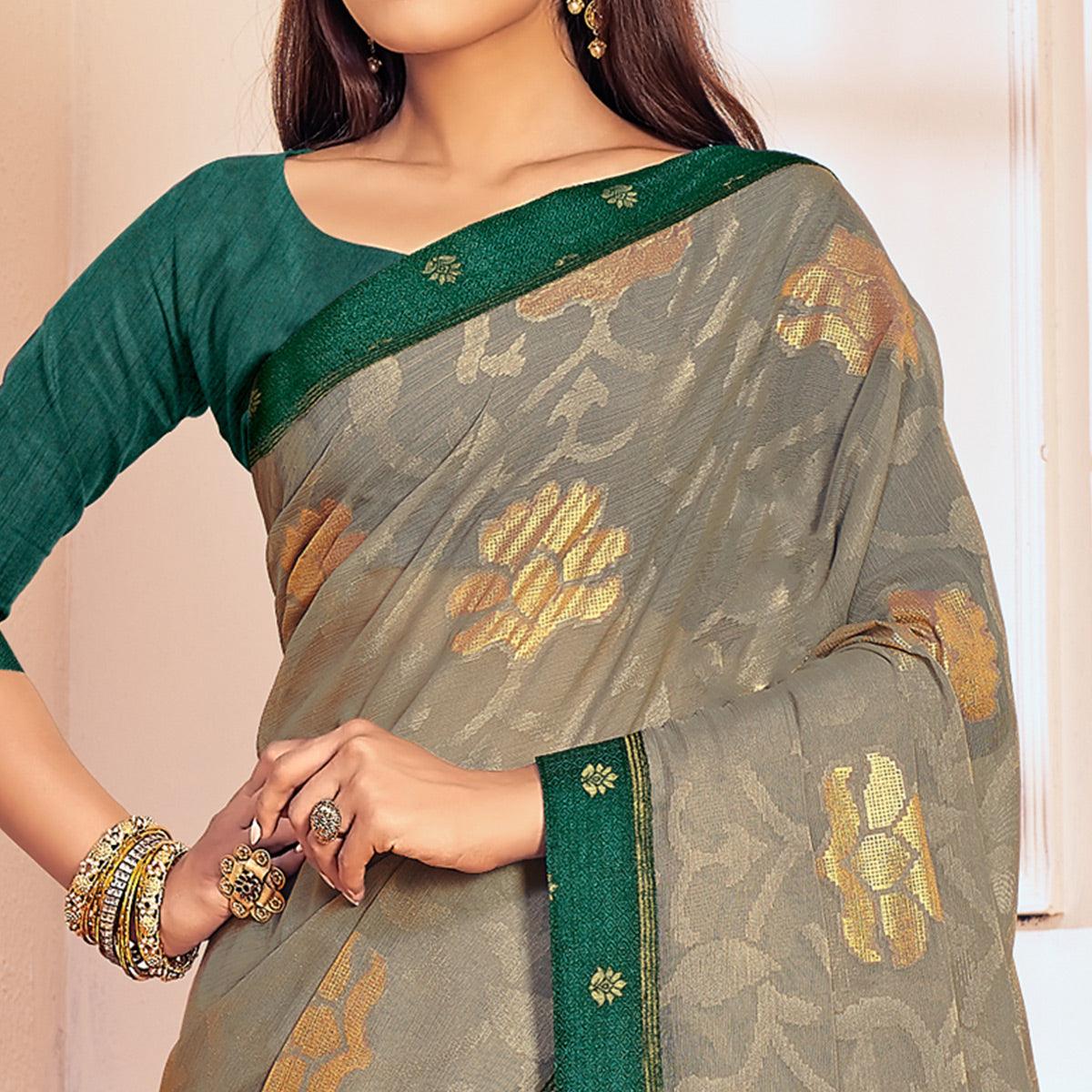 Grey Woven Brasso Saree - Peachmode