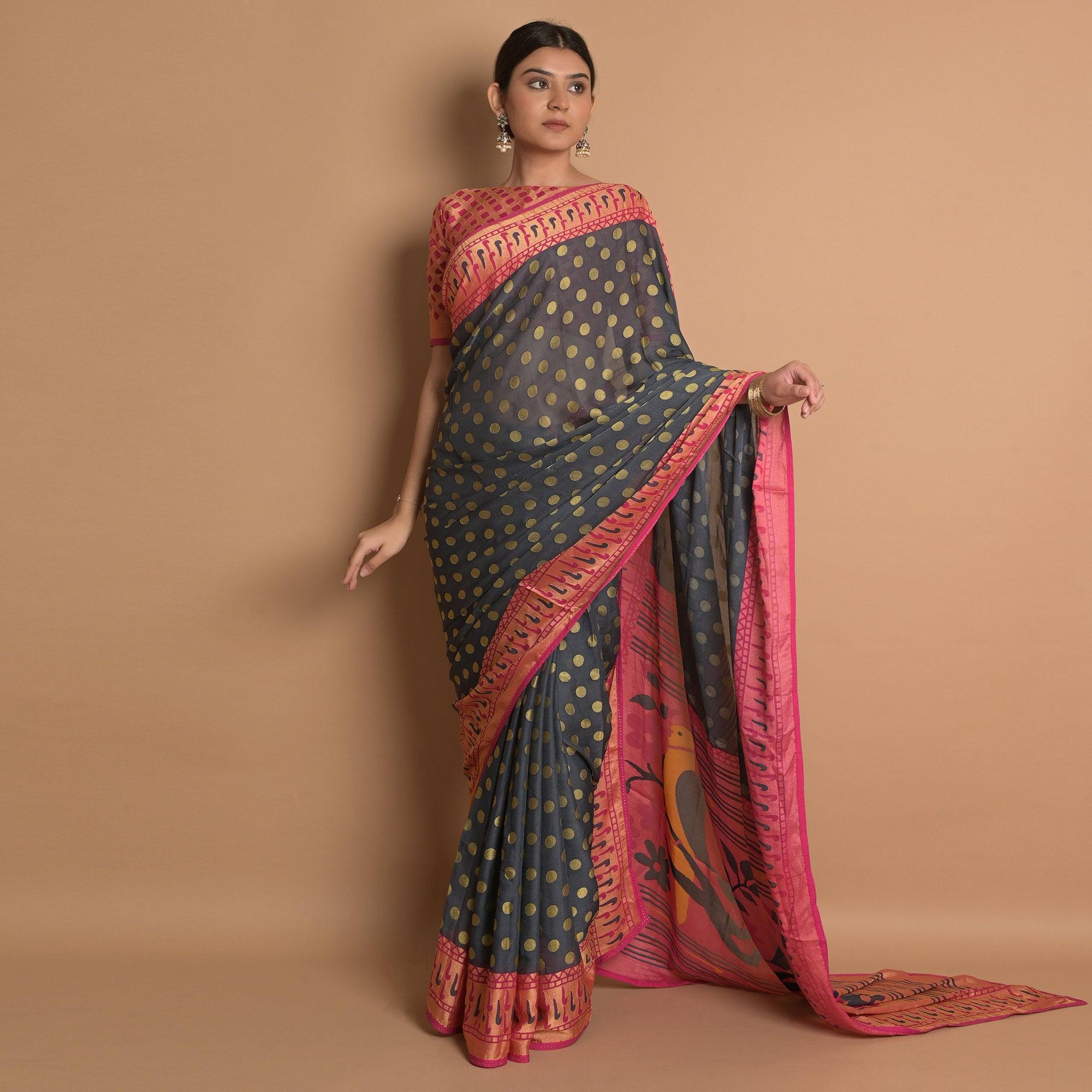 Grey Woven Brasso Saree - Peachmode