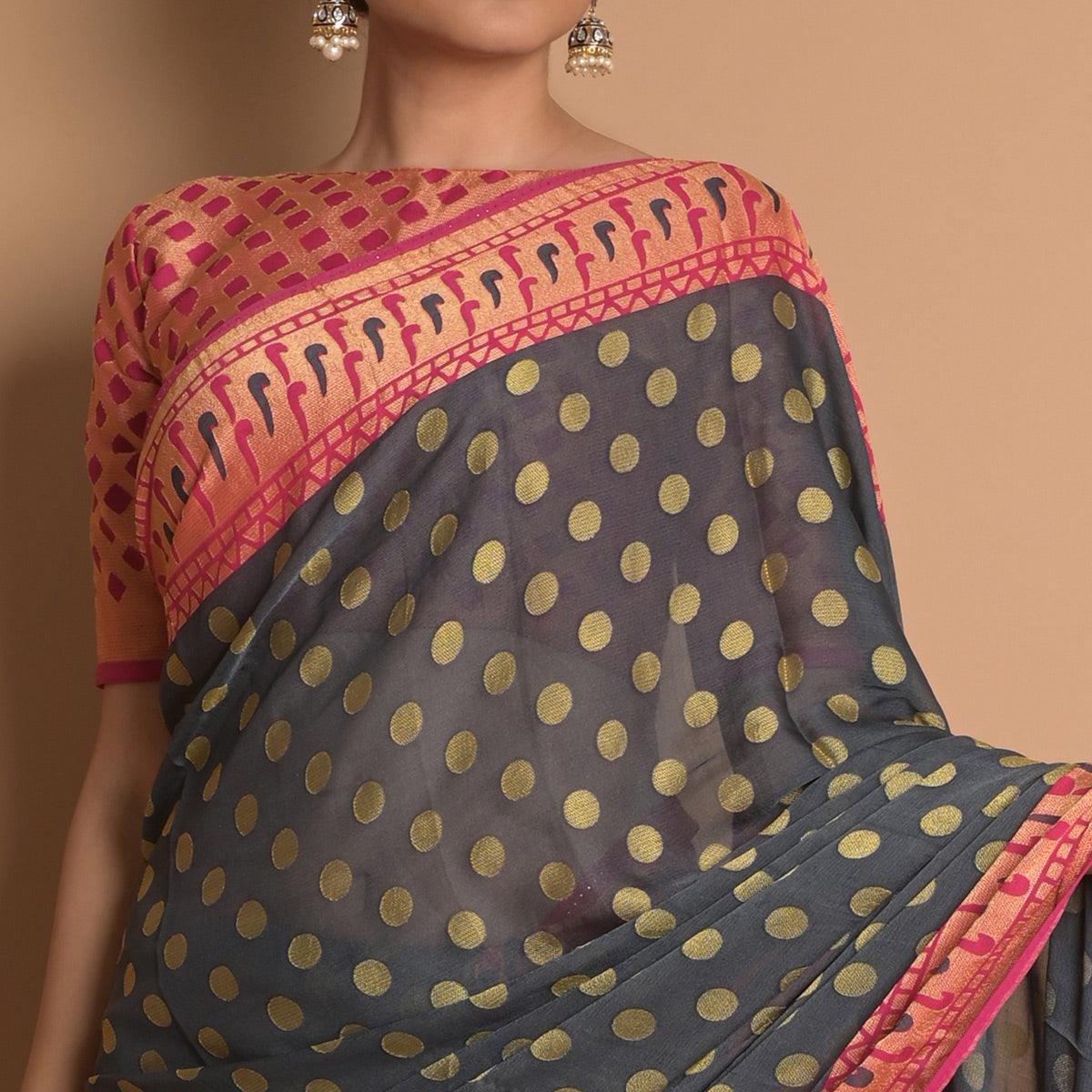 Grey Woven Brasso Saree - Peachmode