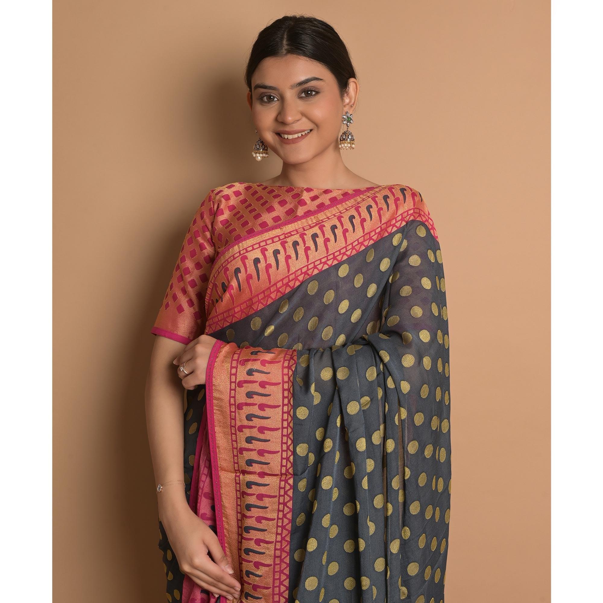 Grey Woven Brasso Saree - Peachmode