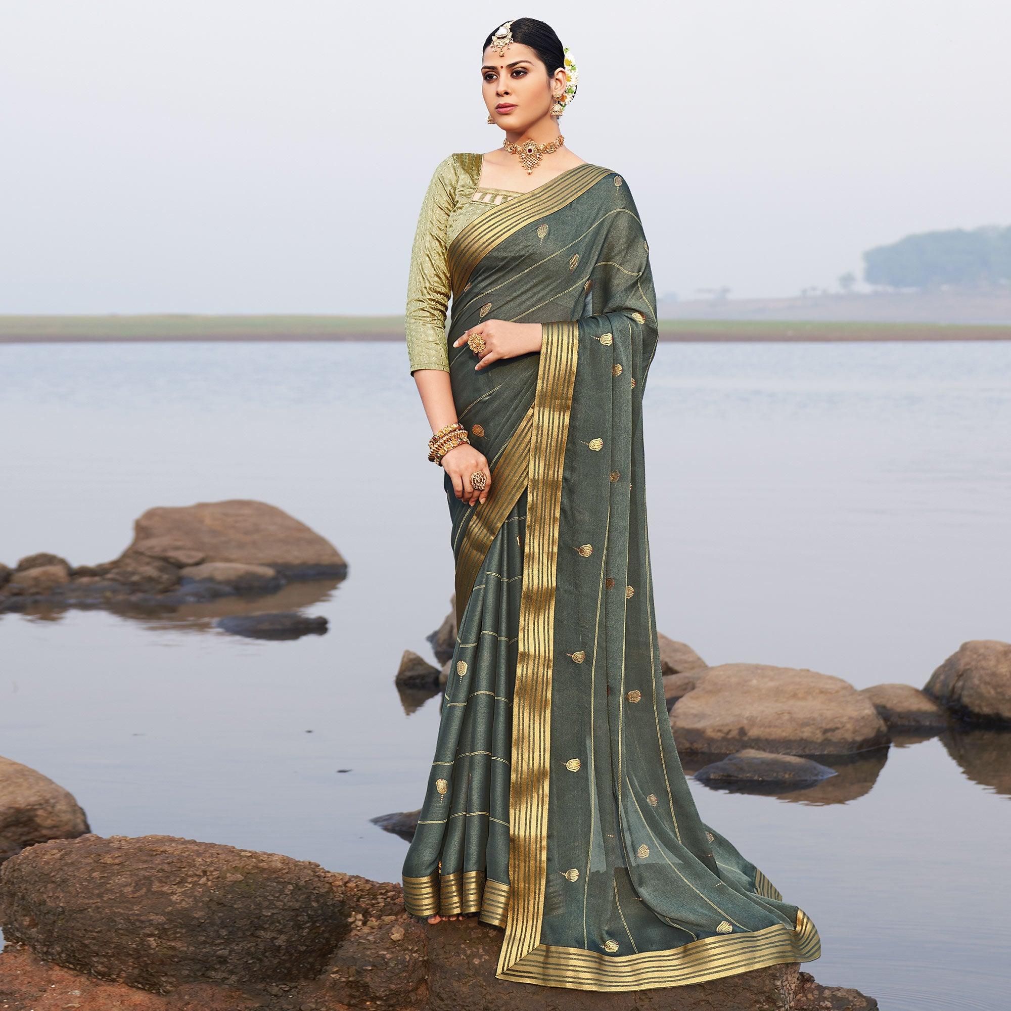 Grey Woven Chiffon Saree - Peachmode