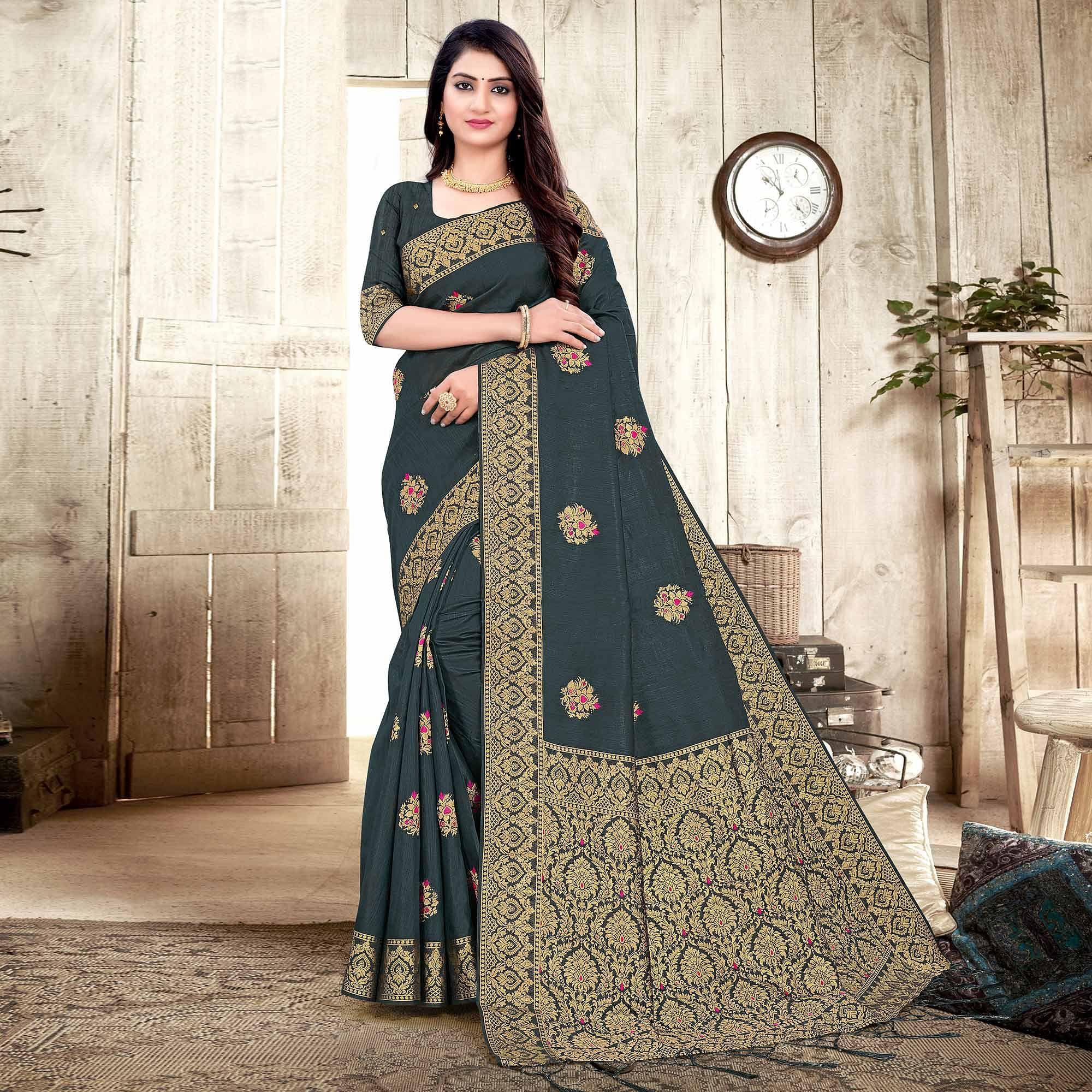 Grey Woven Cotton Silk Saree - Peachmode