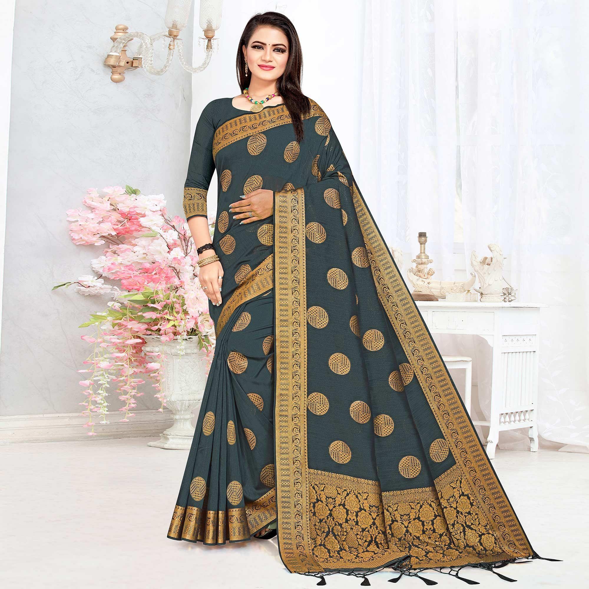 Grey Woven Cotton Silk Saree - Peachmode