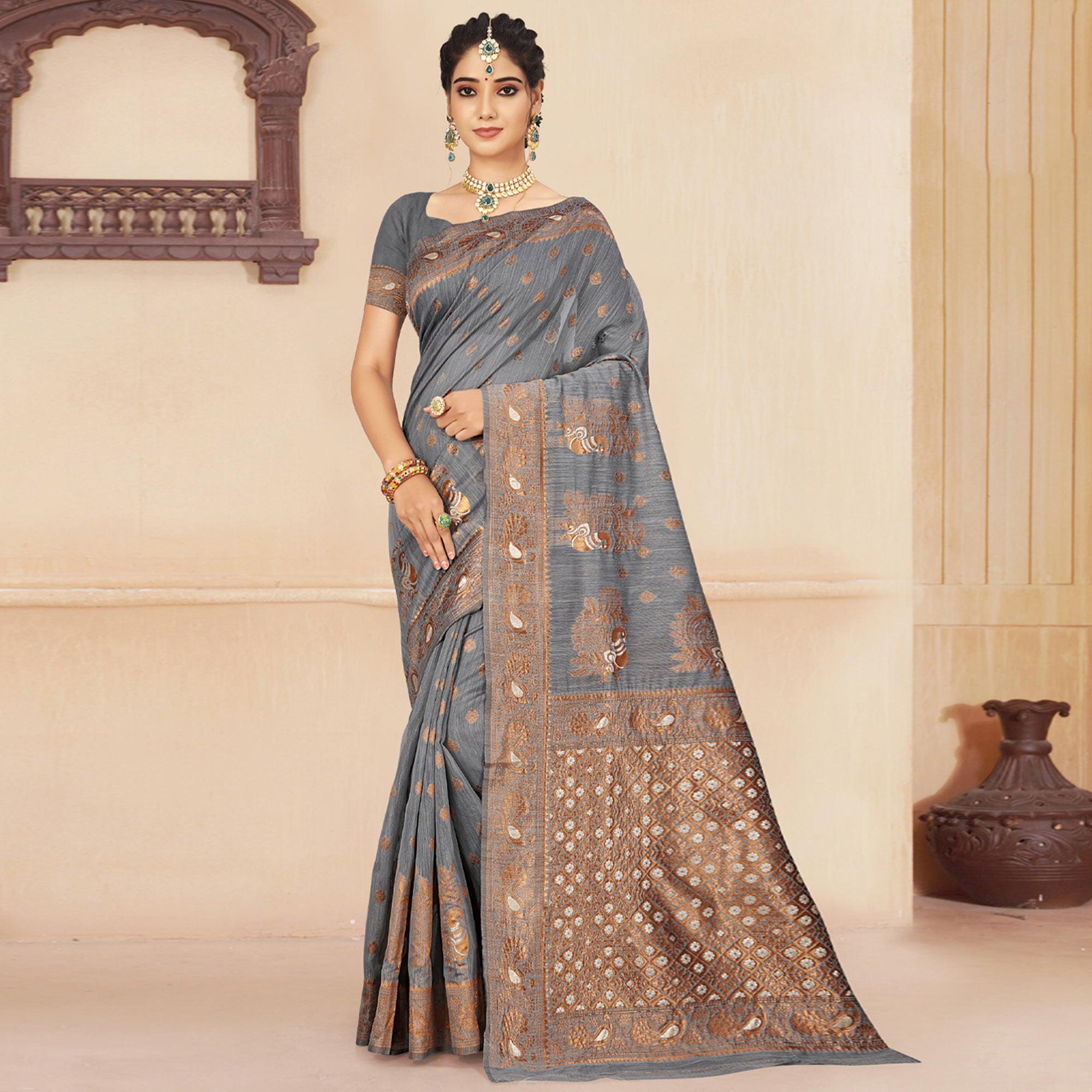 Grey Woven Cotton Silk Saree - Peachmode