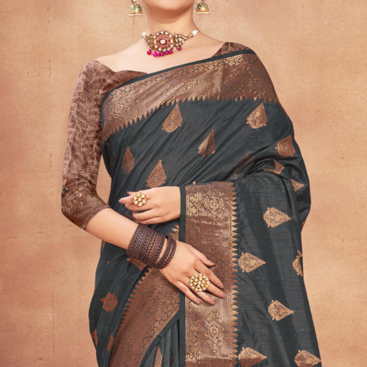 Grey Woven Cotton Silk Saree - Peachmode