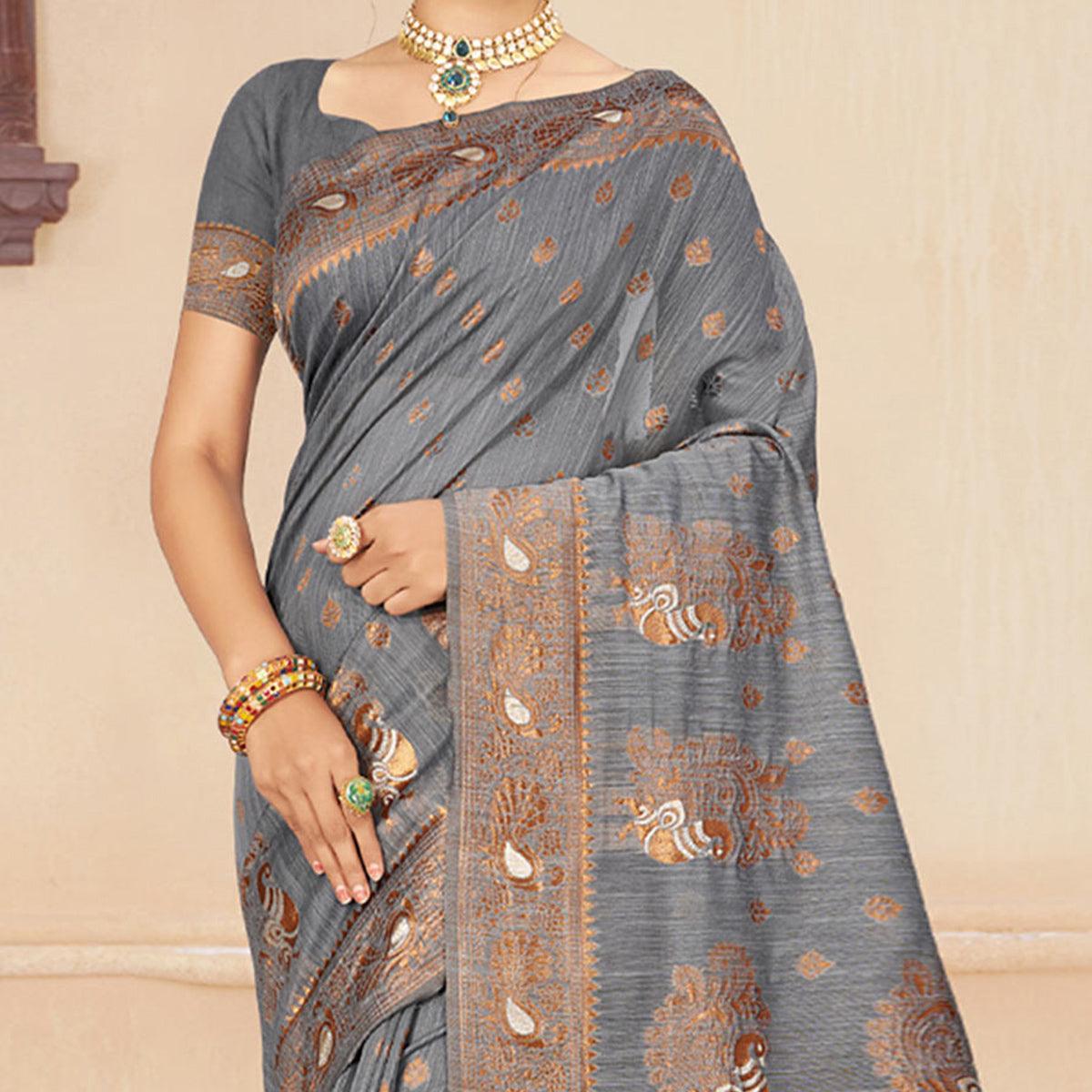 Grey Woven Cotton Silk Saree - Peachmode