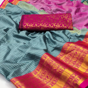 Grey Woven Cotton Silk Saree With Tassels - Peachmode