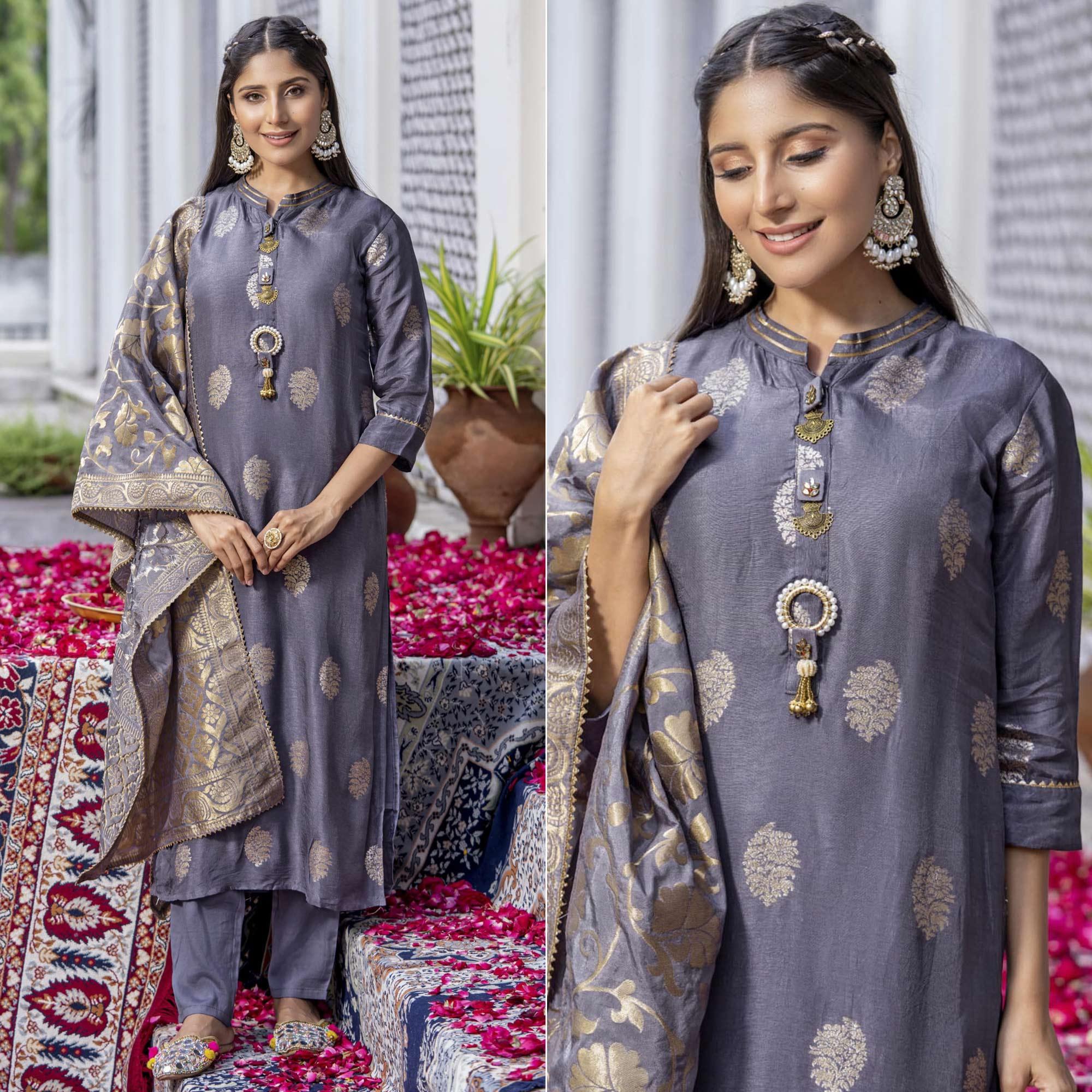 Grey Woven Dola Silk Kurti Pant Set With Dupatta - Peachmode