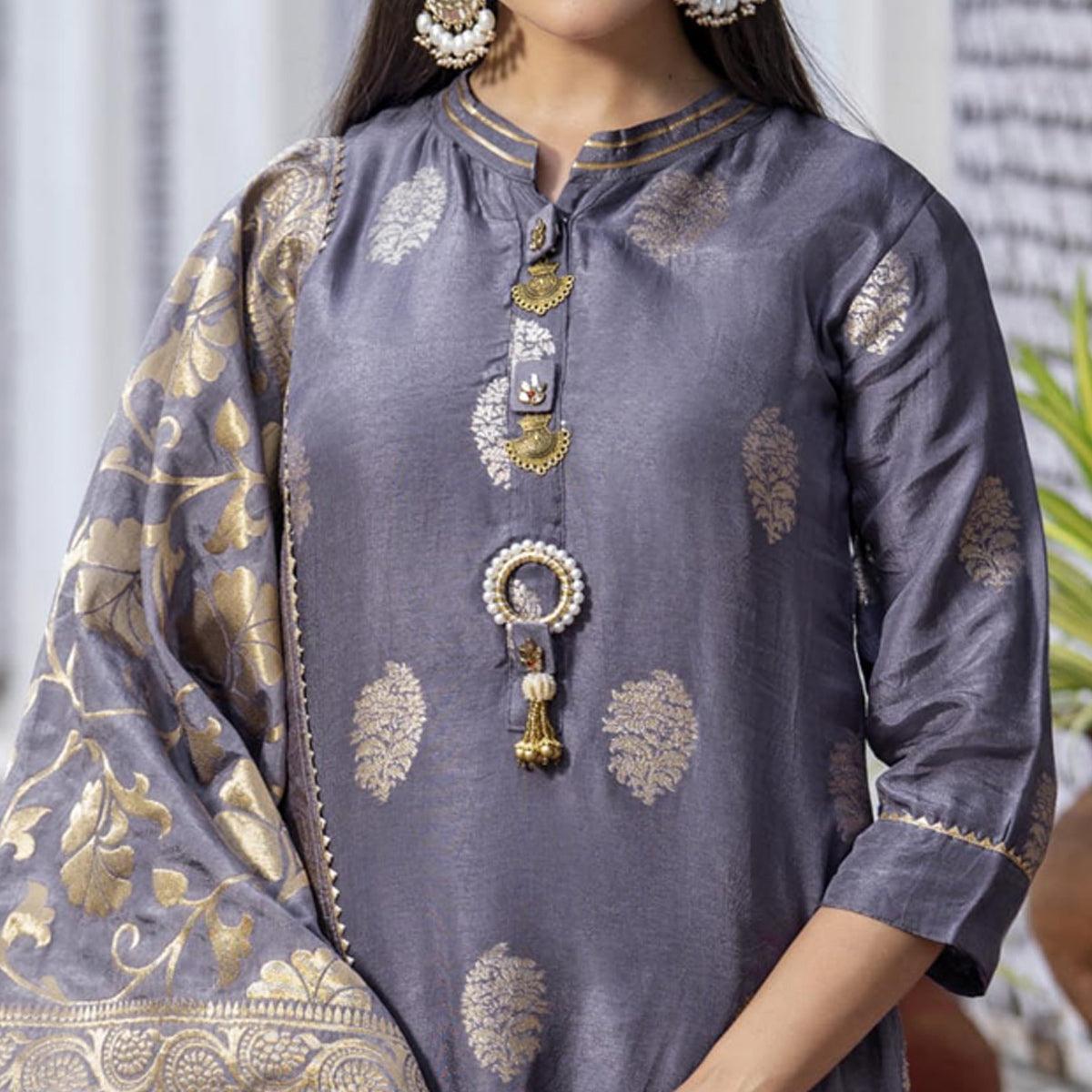 Grey Woven Dola Silk Kurti Pant Set With Dupatta - Peachmode