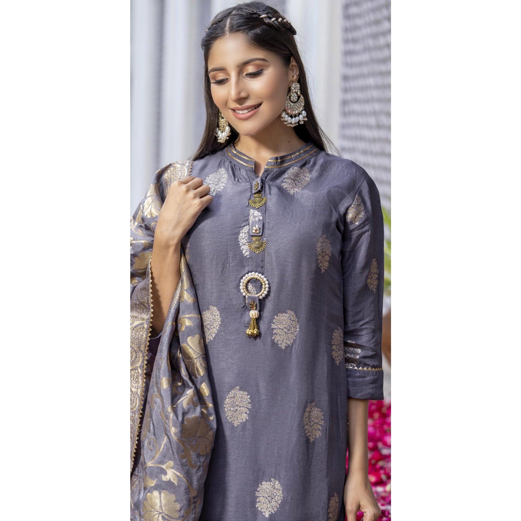 Grey Woven Dola Silk Kurti Pant Set With Dupatta - Peachmode