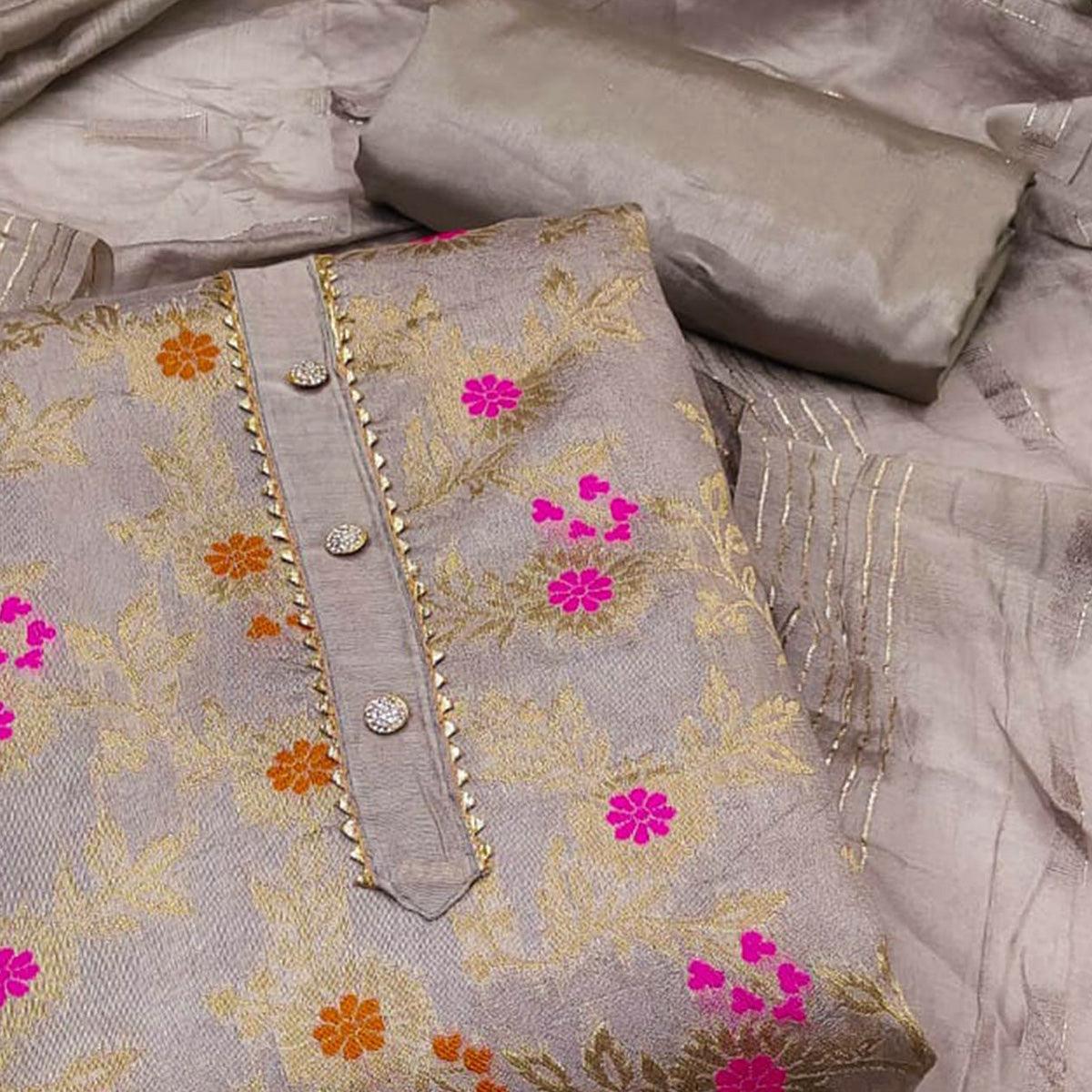 Grey Woven Jacquard Dress Material - Peachmode