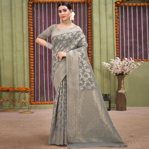 Grey Woven Linen Saree - Peachmode