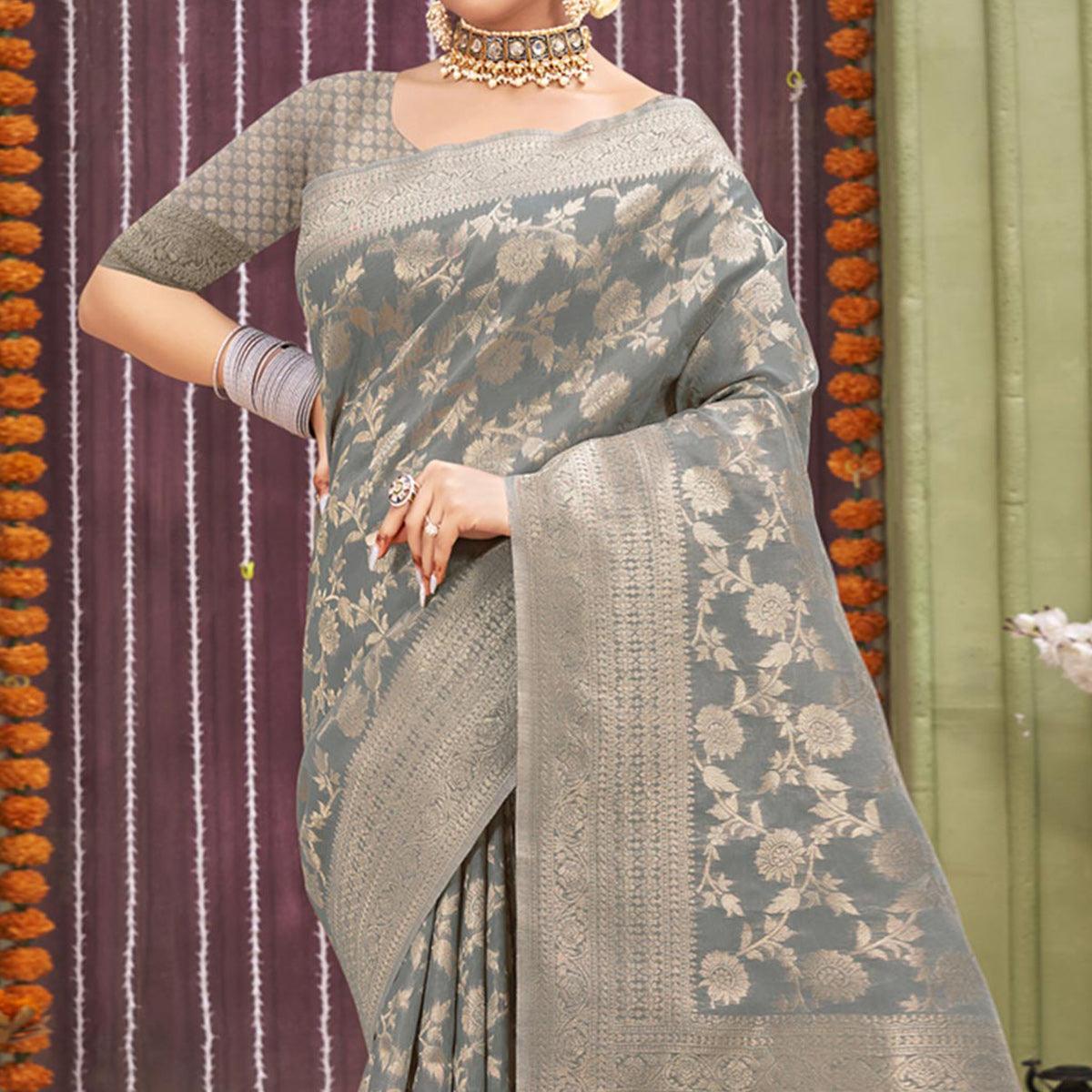 Grey Woven Linen Saree - Peachmode