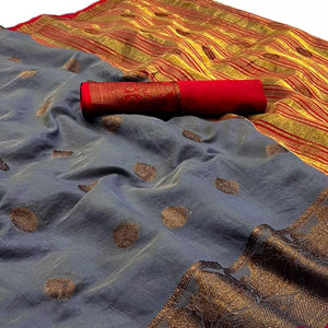 Grey Woven Linen Saree - Peachmode