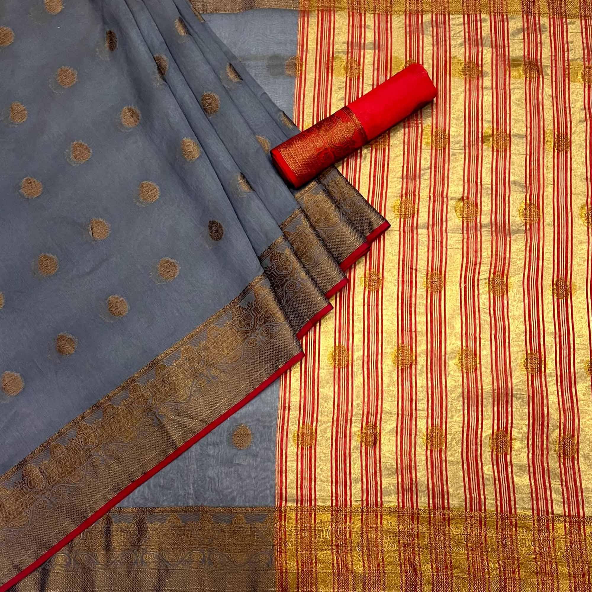 Grey Woven Linen Saree - Peachmode