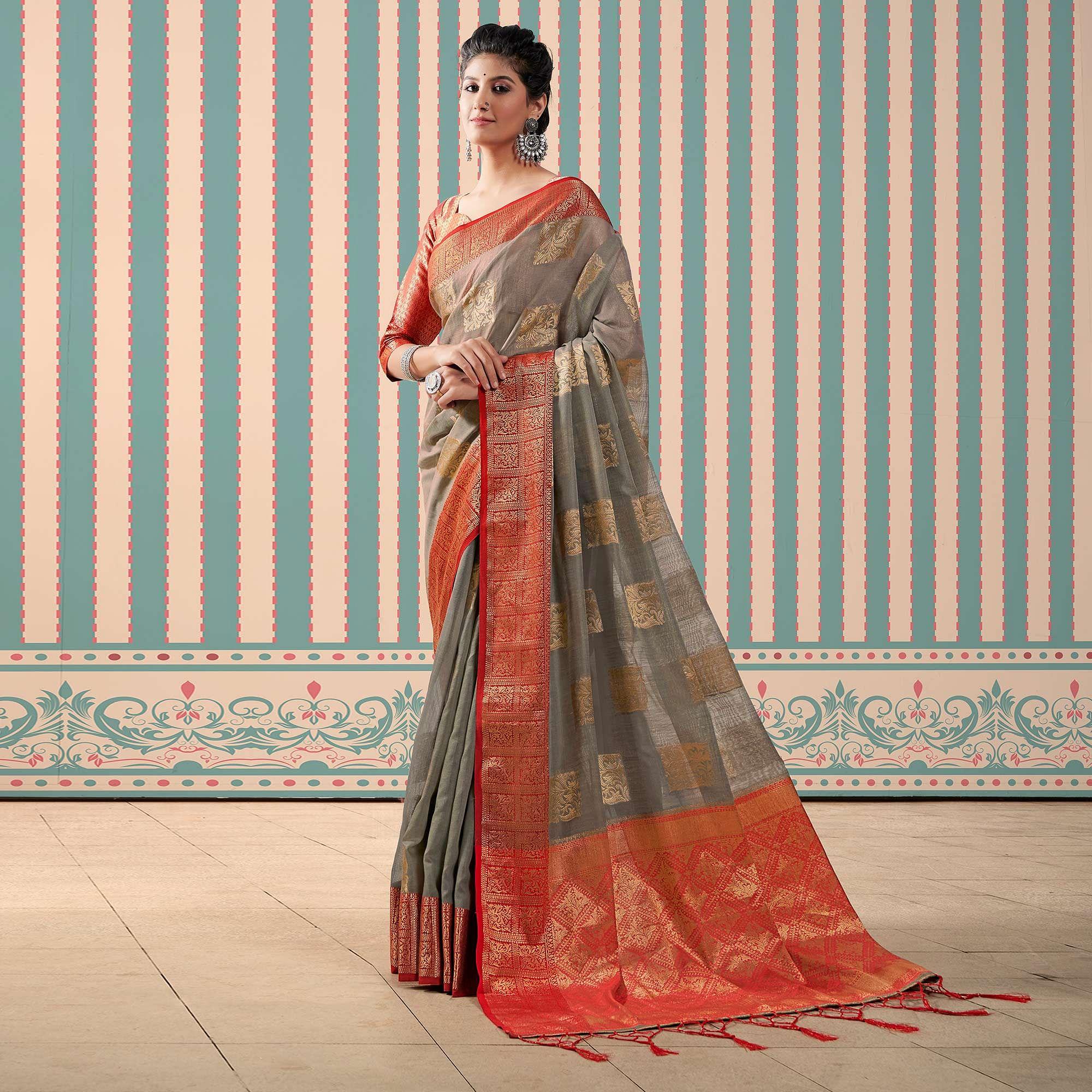 Grey Woven Linen Saree With Tassels - Peachmode